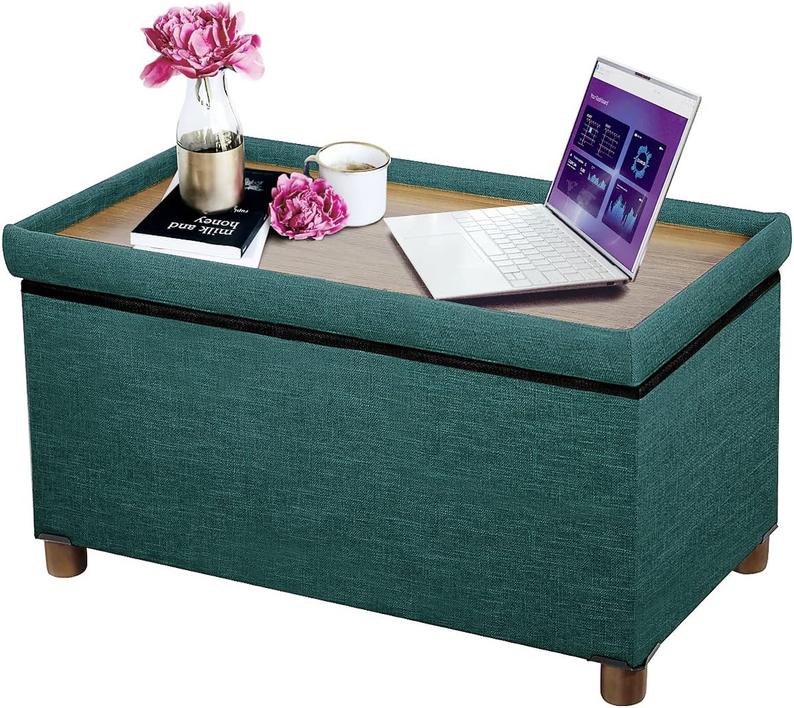 30 Inches Storage Ottoman Bench, Storage Bench with Wooden Legs for Living Room Ottoman Foot Rest Removeable Lid for Bedroom End of Bed, Linen Fabric Green Color