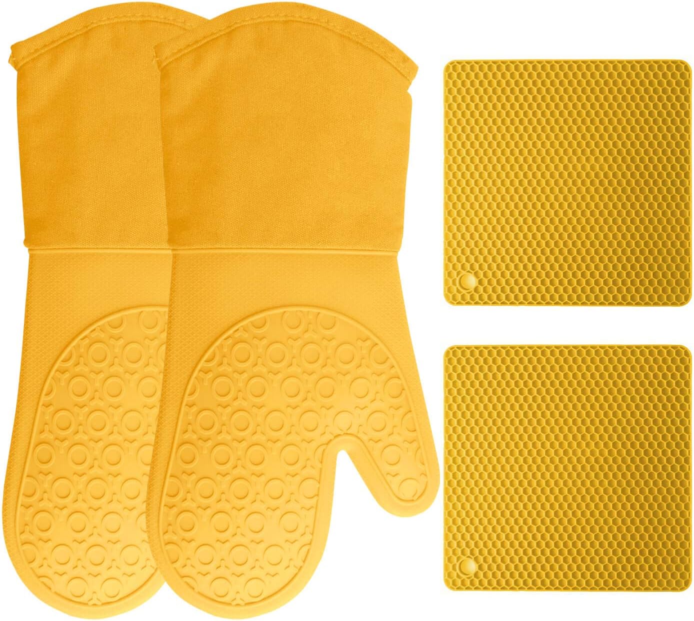 HOMWE Silicone Oven Mitts and Pot Holders, 4-Piece Set, Heavy Duty Cooking Gloves, Kitchen Counter Safe Trivet Mats, Advanced Heat Resistance, Non-Slip Textured Grip (Yellow)