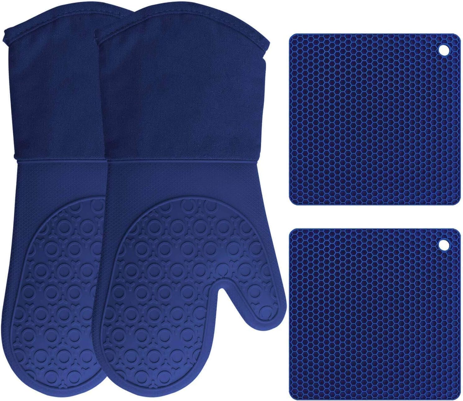 HOMWE Silicone Oven Mitts and Pot Holders, 4-Piece Set, Heavy Duty Cooking Gloves, Kitchen Counter Safe Trivet Mats, Advanced Heat Resistance, Non-Slip Textured Grip