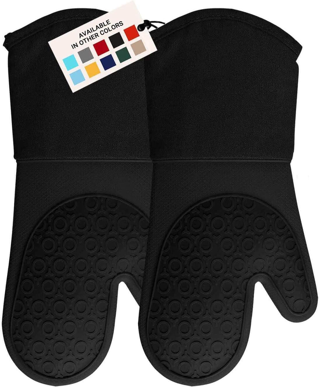 HOMWE Extra Long Professional Silicone Oven Mitt, Oven Mitts with Quilted Liner, Heat Resistant Pot Holders, Flexible Oven Gloves, 1 Pair (Black, 13.7 inch)