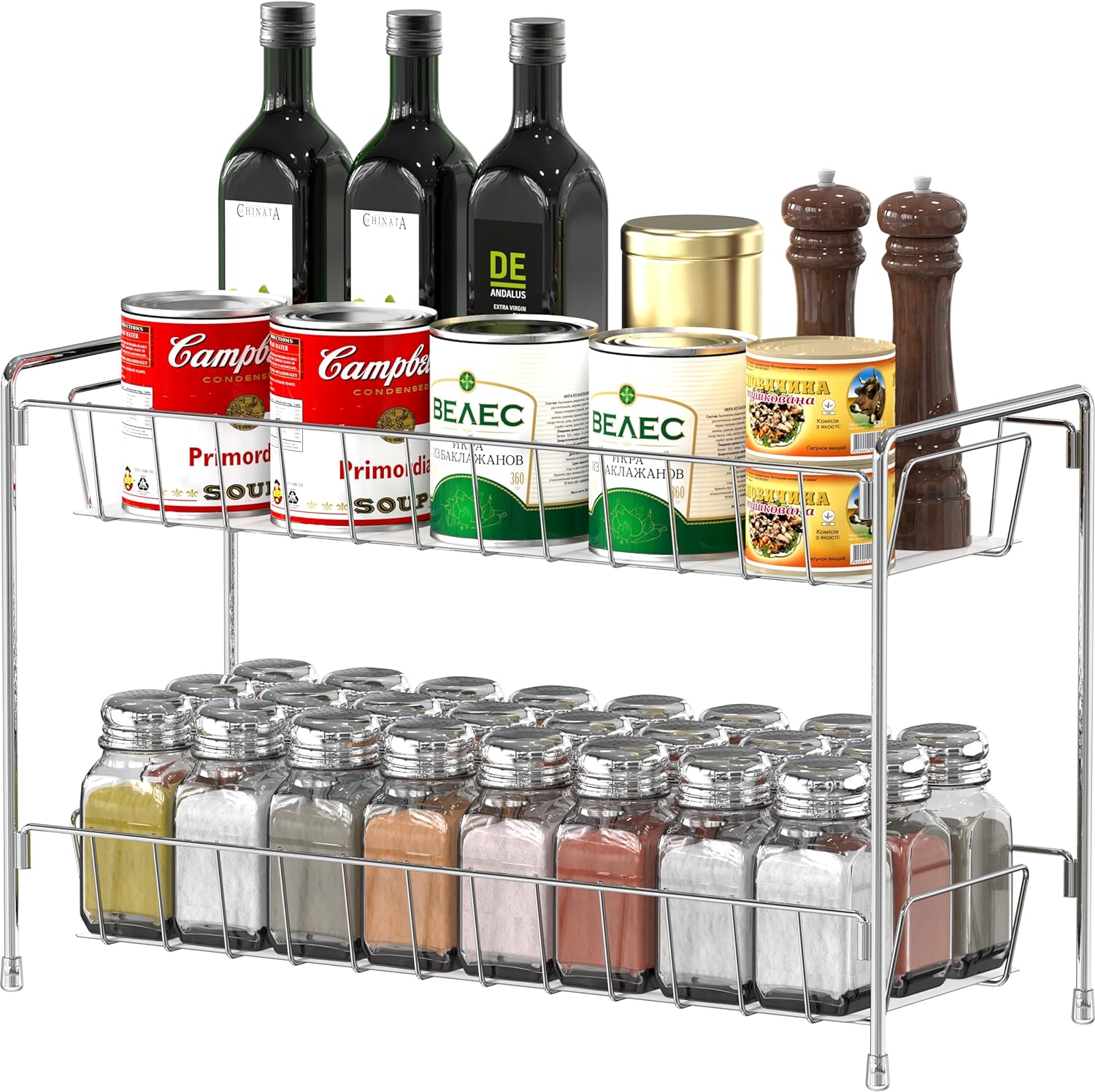 Simple Houseware 2-Tier Spice Rack Kitchen Organizer Countertop Shelf, Chrome