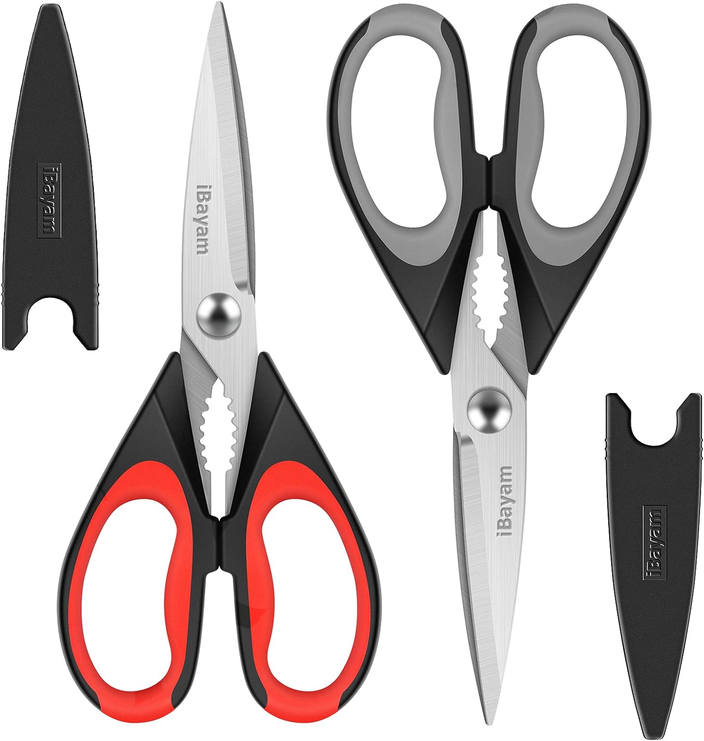 iBayam Kitchen Scissors All Purpose Heavy Duty Meat Poultry Shears, Dishwasher Safe Food Cooking Scissors Stainless Steel Utility Scissors, 2-Pack (Black Red, Black Gray)