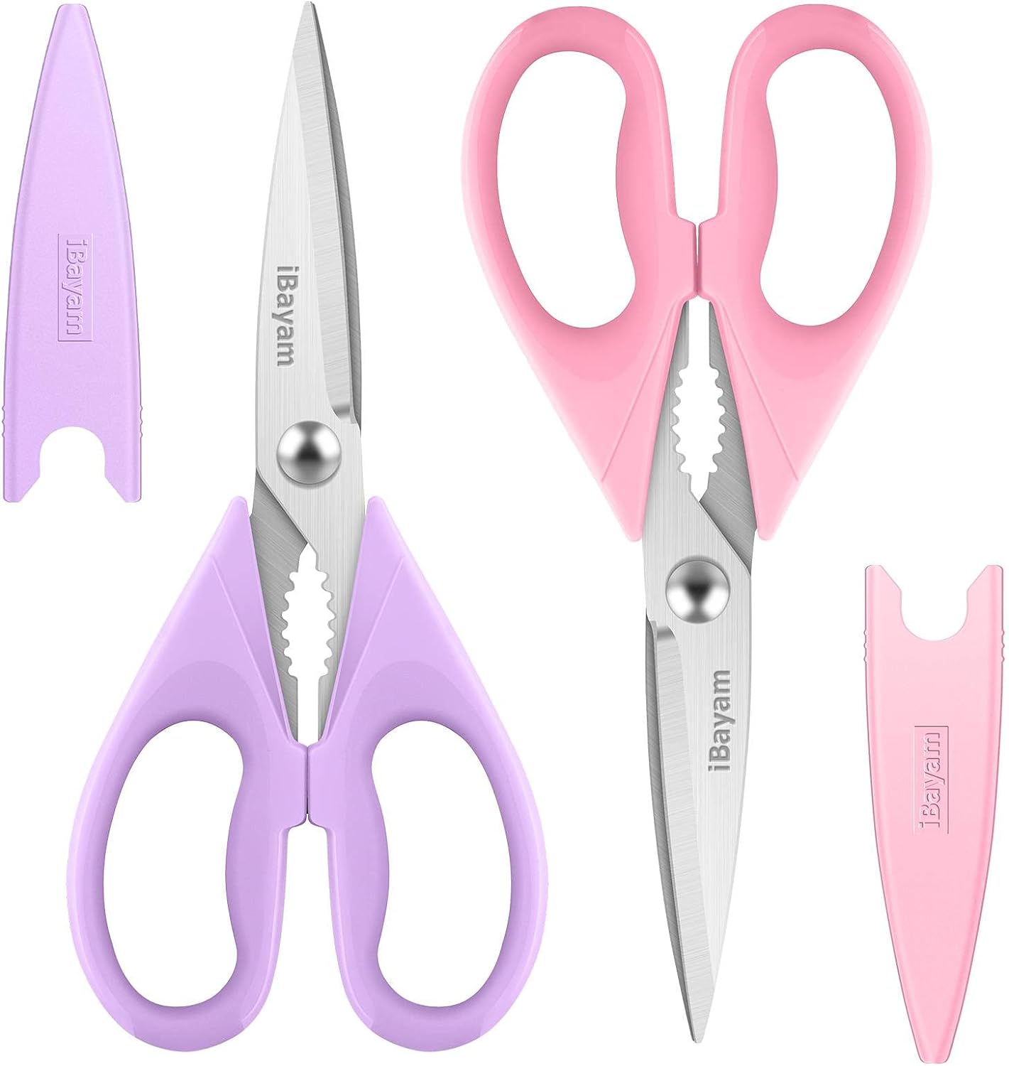 Kitchen Shears, iBayam Kitchen Scissors All Purpose Heavy Duty Meat Scissors Poultry Shears, Dishwasher Safe Food Cooking Scissors Stainless Steel Utility Scissors, 2-Pack, Pastel Pink, Soft Purple