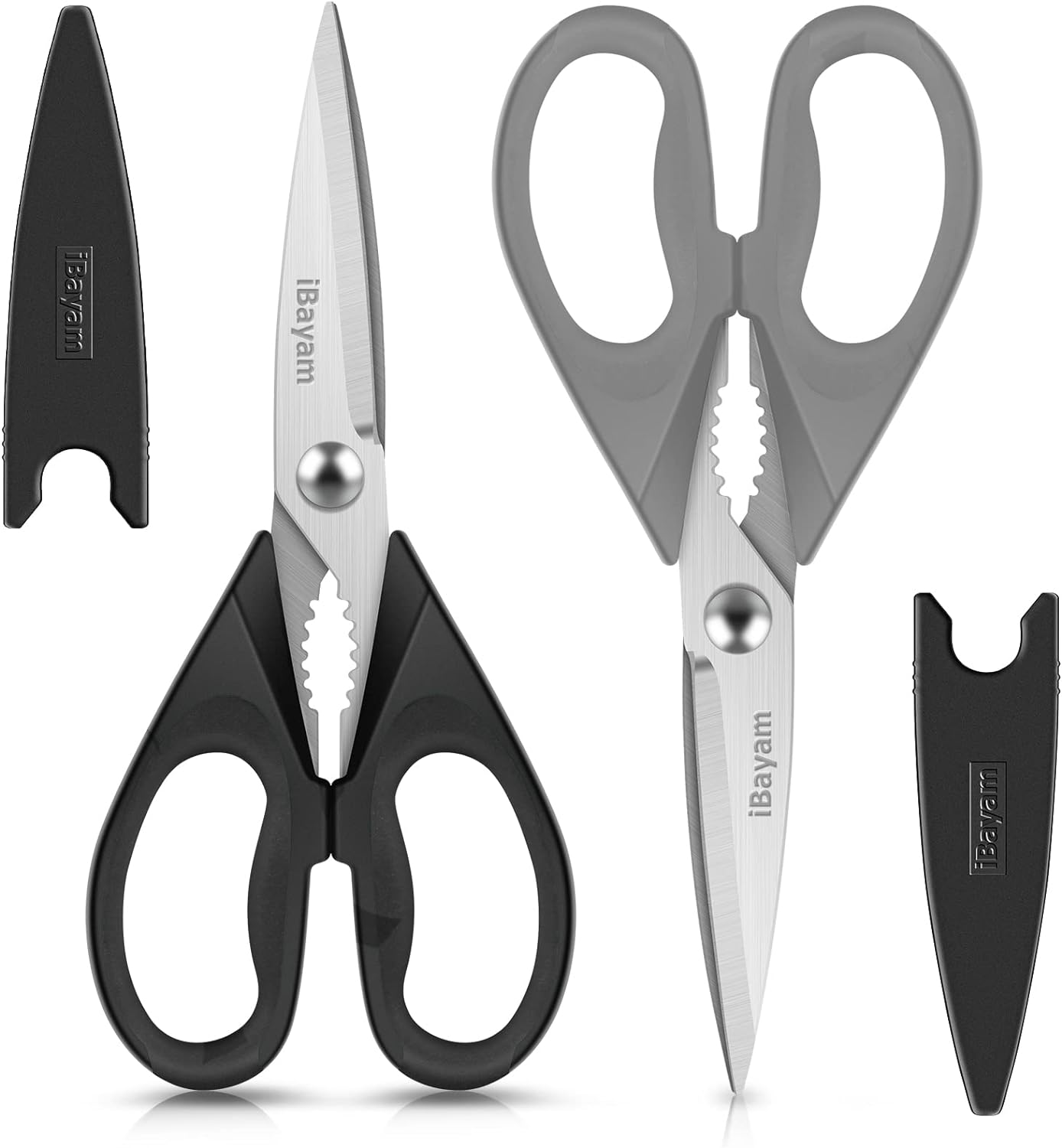 Kitchen Shears, iBayam Kitchen Scissors All Purpose Heavy Duty Meat Scissors Poultry Shears, Dishwasher Safe Food Cooking Scissors Stainless Steel Utility Scissors, 2-Pack (Black, Grey)