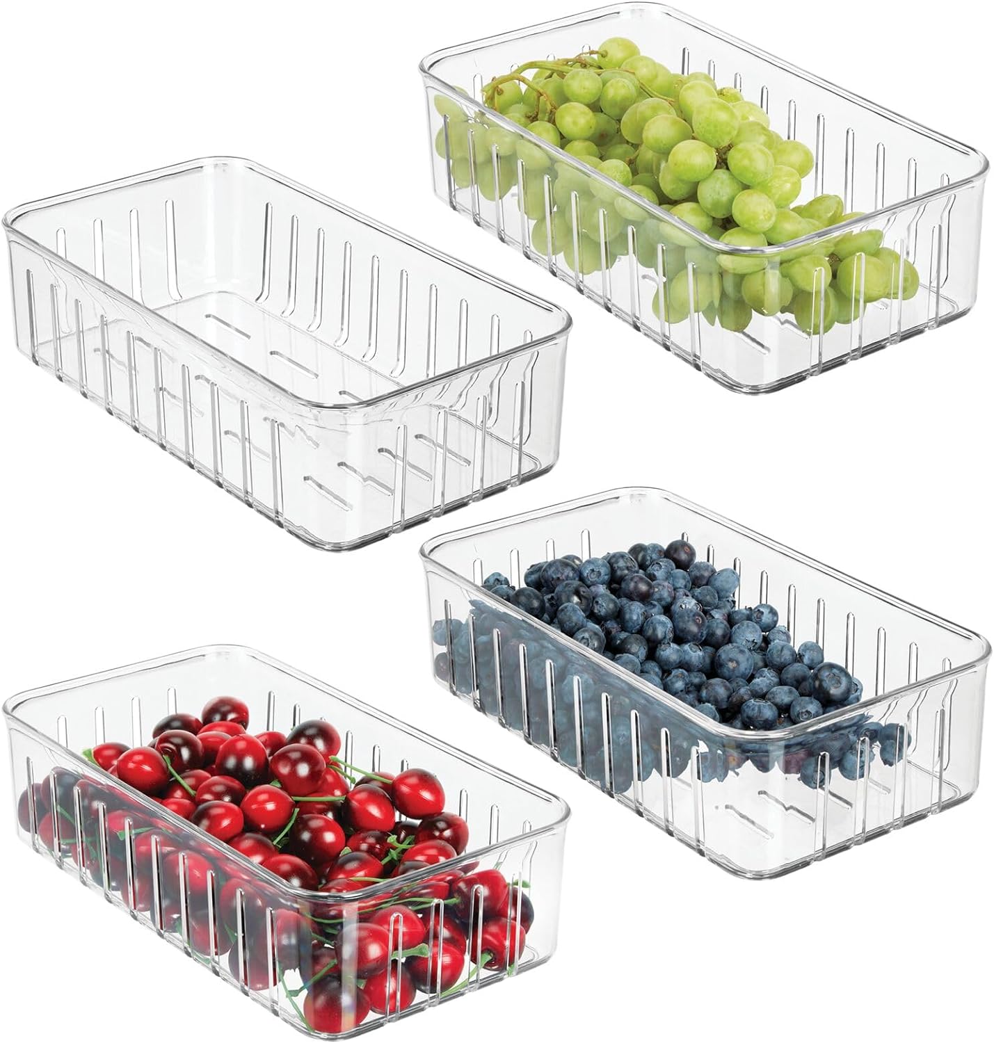 mDesign Plastic Kitchen Refrigerator Produce Storage Organizer Bin with Open Vents for Air Circulation - Food Container for Fruit, Vegetables, Lettuce, Cheese, Fresh Herbs, Snacks - S, 4 Pack - Clear