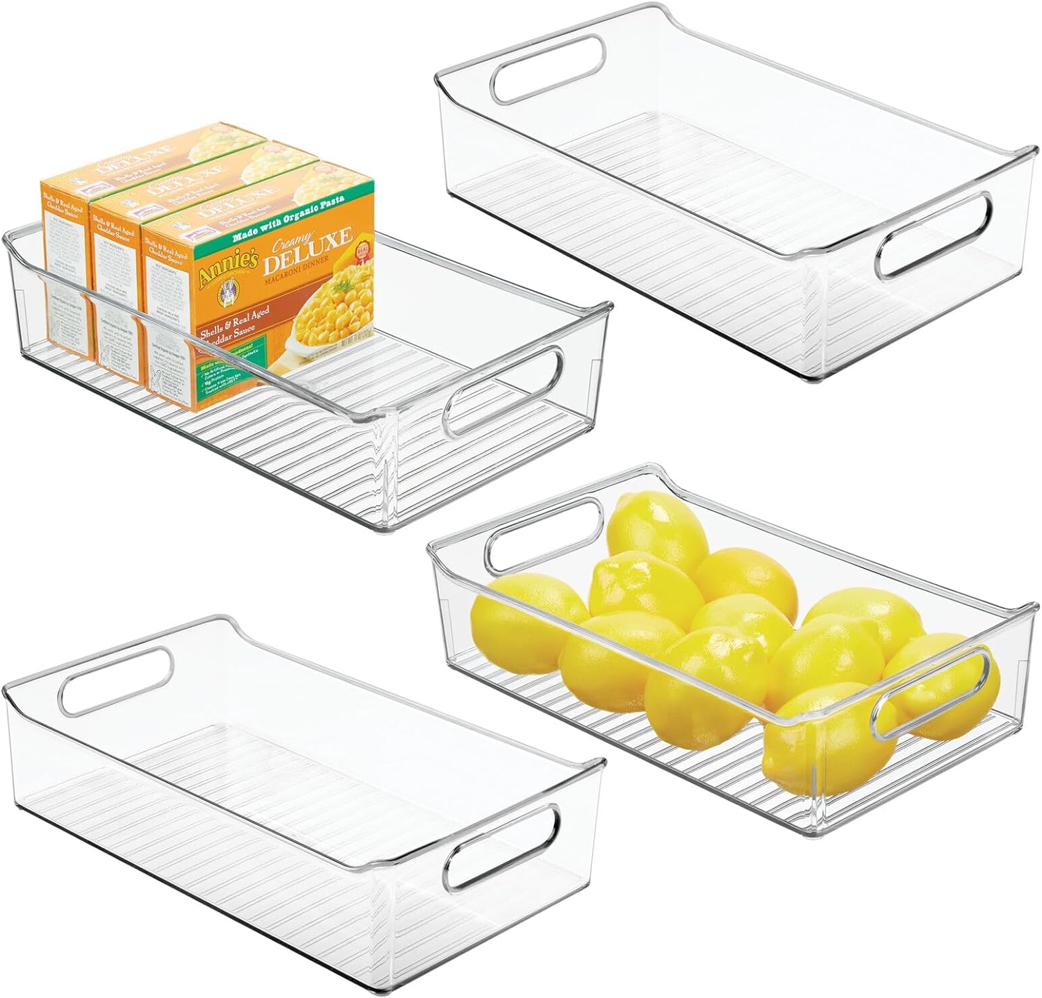 mDesign Plastic Kitchen or Pantry Storage Bins with Handles - Organization in Cabinet, Fridge or Freezer - Fruit Container for Refrigerator or Food Organizer for Pasta, Ligne Collection, 4 Pack, Clear