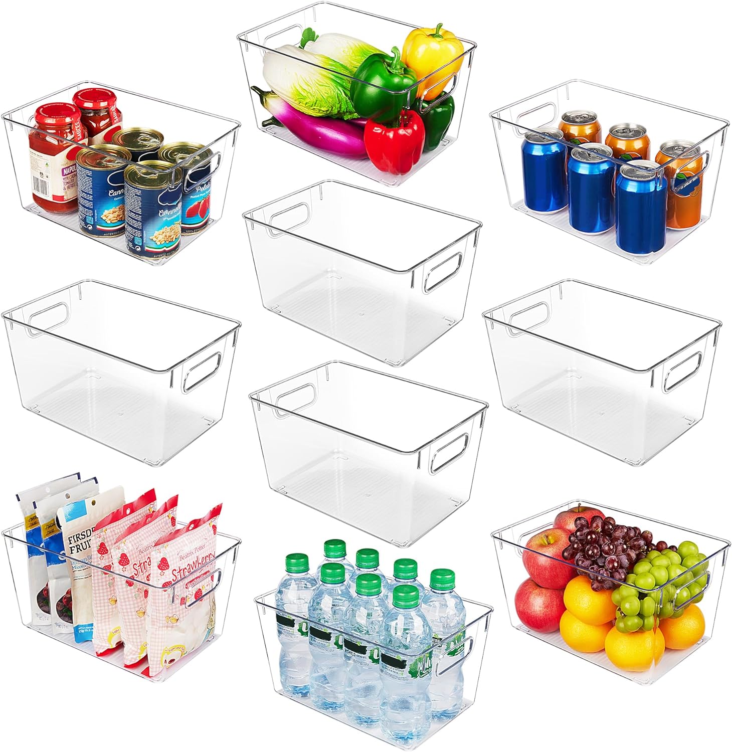 Vtopmart Clear Plastic Pantry Organizer Bins, 10 PCS Food Storage Bins with Handle for Refrigerator, Fridge, Cabinet, Kitchen, Countertops, Cupboard, Freezer Organization and Storage, BPA Free, Large