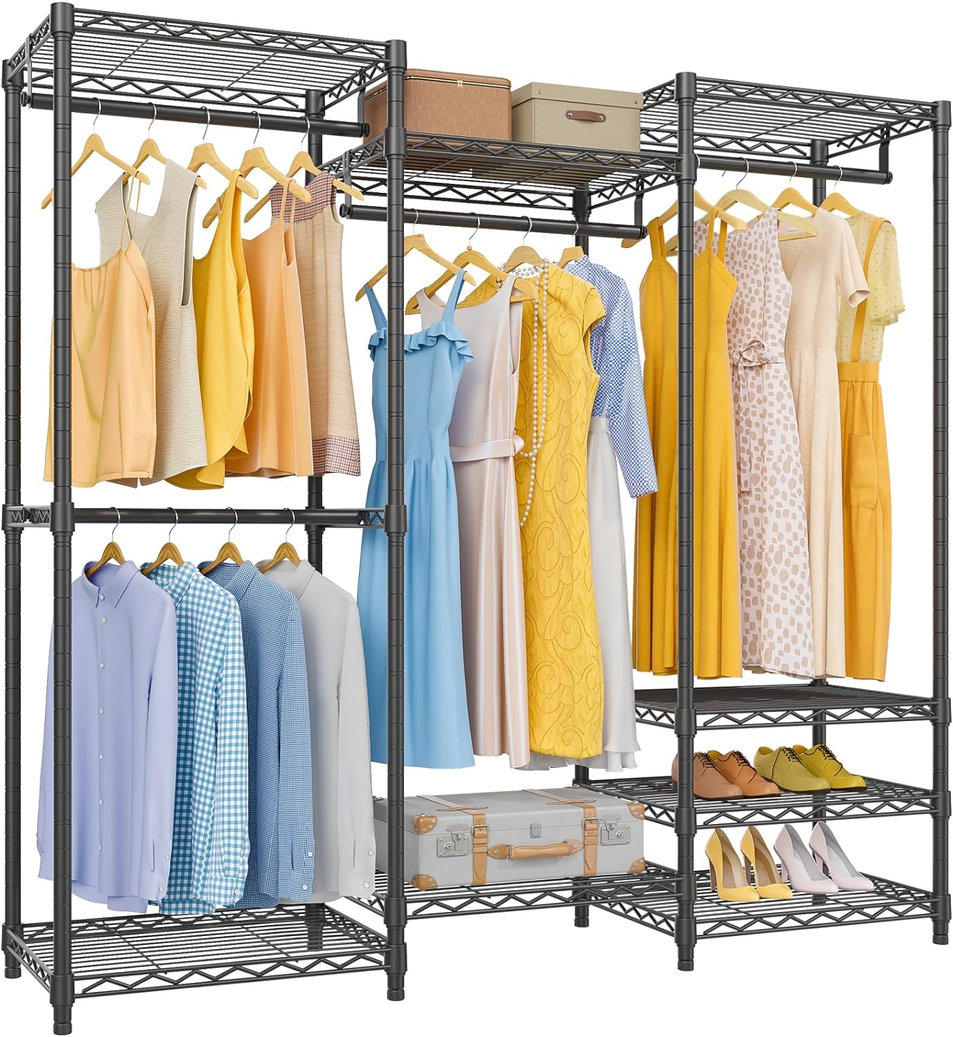 VIPEK V5 Portable Closet Wardrobe Heavy Duty Clothes Rack, Freestanding Closet Metal Clothing Rack with 4 Hang Rods & 8 Shelves, Adjustable Custom Closet Rack, 56.7 Lx15.7 Wx76.4 H, Black (Medium)