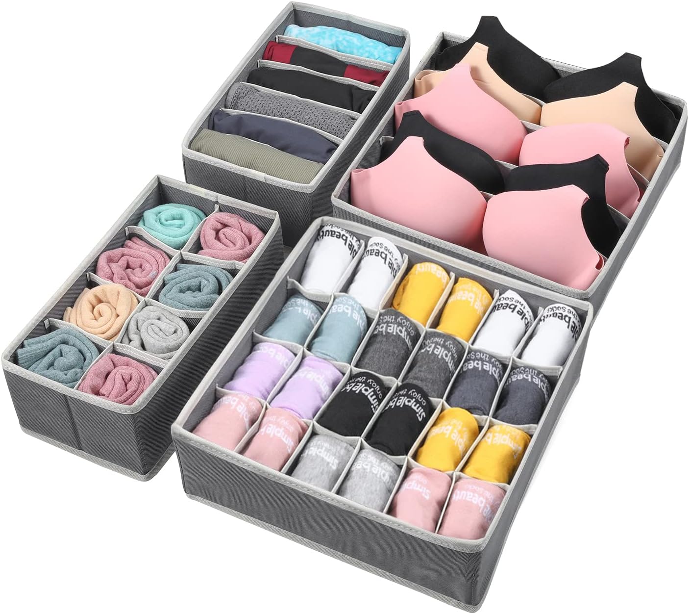 GOGOODA 4 Pcs Bra Sock and Underwear Drawer Organizers Divider, Closet Socks Organizer and Storage Boxes for Lingerie, Bra, Undies