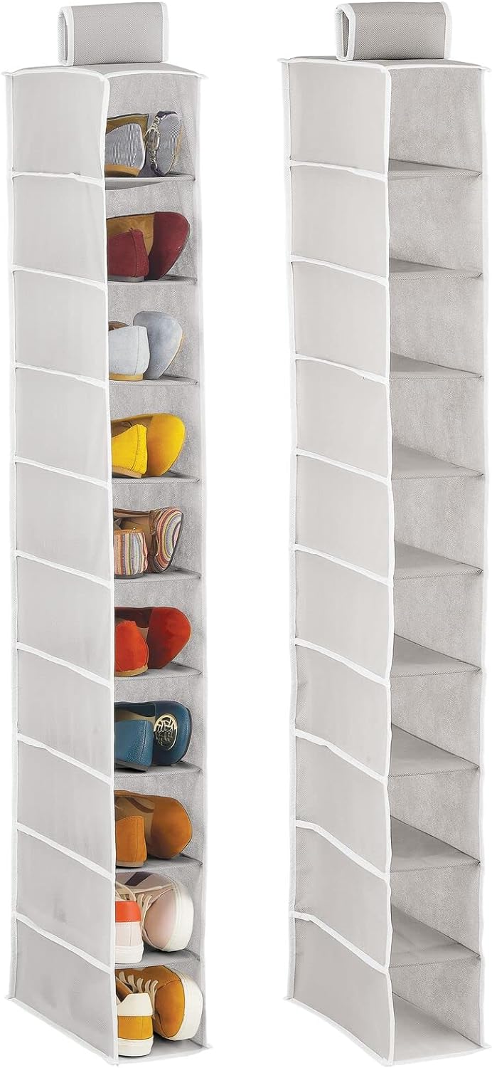 mDesign Soft Fabric Closet Organizer - Holds Shoes, Handbags, Clutches, Accessories - 10 Shelf Over Rod Hanging Storage Unit - 2 Pack - Light Gray/White