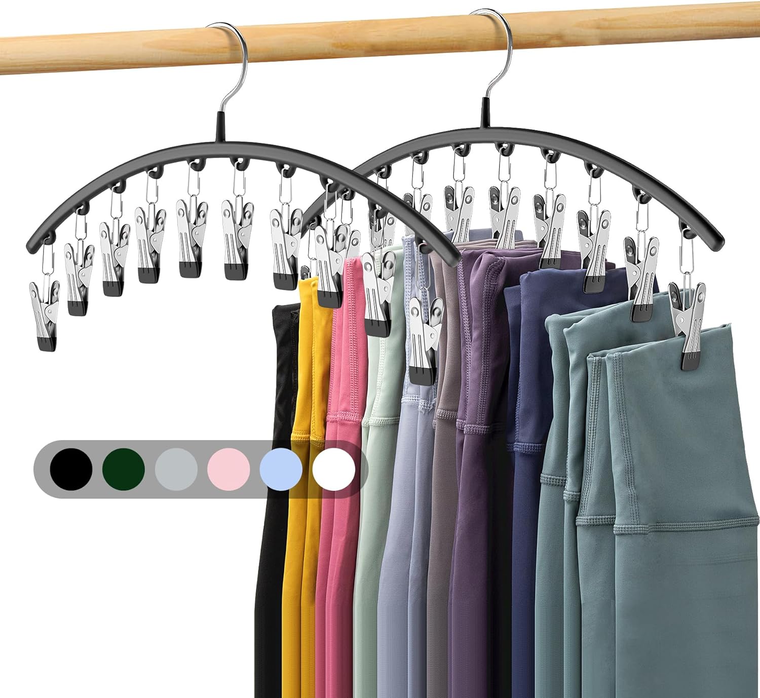 Legging Organizer for Closet, Metal Yoga Pants Hangers 2 Pack w/10 Clips Holds 20 Leggings, Space Saving Hanging Closet Organizer w/Rubber Coated Closet Organizers and Storage, Black