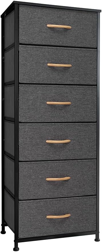 Crestlive Products Vertical Dresser Storage Tower - Sturdy Steel Frame, Wood Top, Easy Pull Fabric Bins, Handles Organizer Unit for Bedroom, Hallway, Entryway, Closets 6 Drawers (Gray)