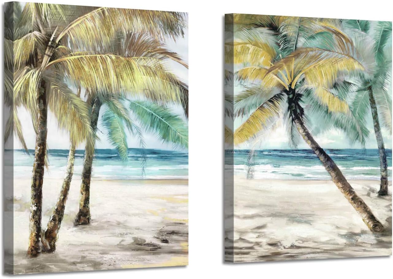 ARTISTIC PATH Beach Palm Trees Wall Art: Abstract Coastal Seascape Artwork Print on Canvas Pictures for Living Room (18 W x 24 H x 2 Pcs,Multi-Sized)