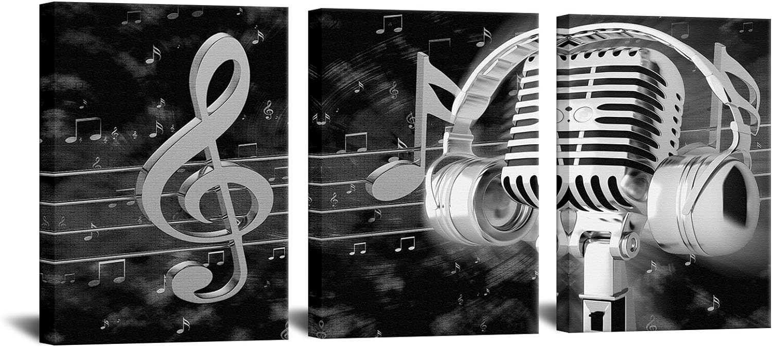 Biuteawal Music Artistic Paintings Wall Art Black White Microphone and Headset Note Picture Canvas Giclee Print Modern Home Studio Bedroom Decor Stretched and Framed Ready to Hang