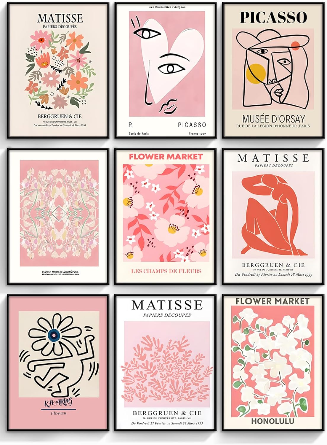 9PCS Matisse Prints Wall Art Picasso Poster Abstract Flower Market Exhibition Wall Decor Famous art Canvas Prints Artist Painting Mix Set for Bedroom Living Room Bathroom (8x10in x9Pcs Unframed)
