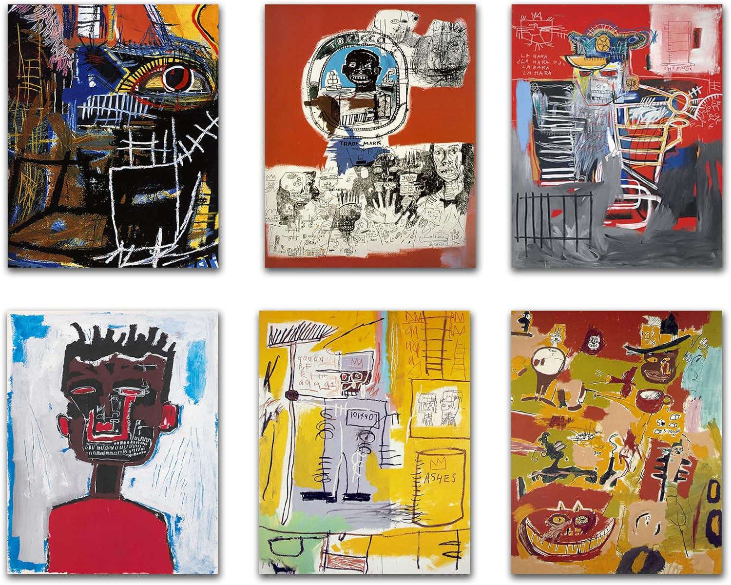 Basquiat Poster Graffiti Wall Art Posters Jean Michel Basquiat Wall Art Famous Artist Painting Jean-Michel Basquiat Print Street Art Picture Abstract Exhibition Artwork 8x10inch 6PCS