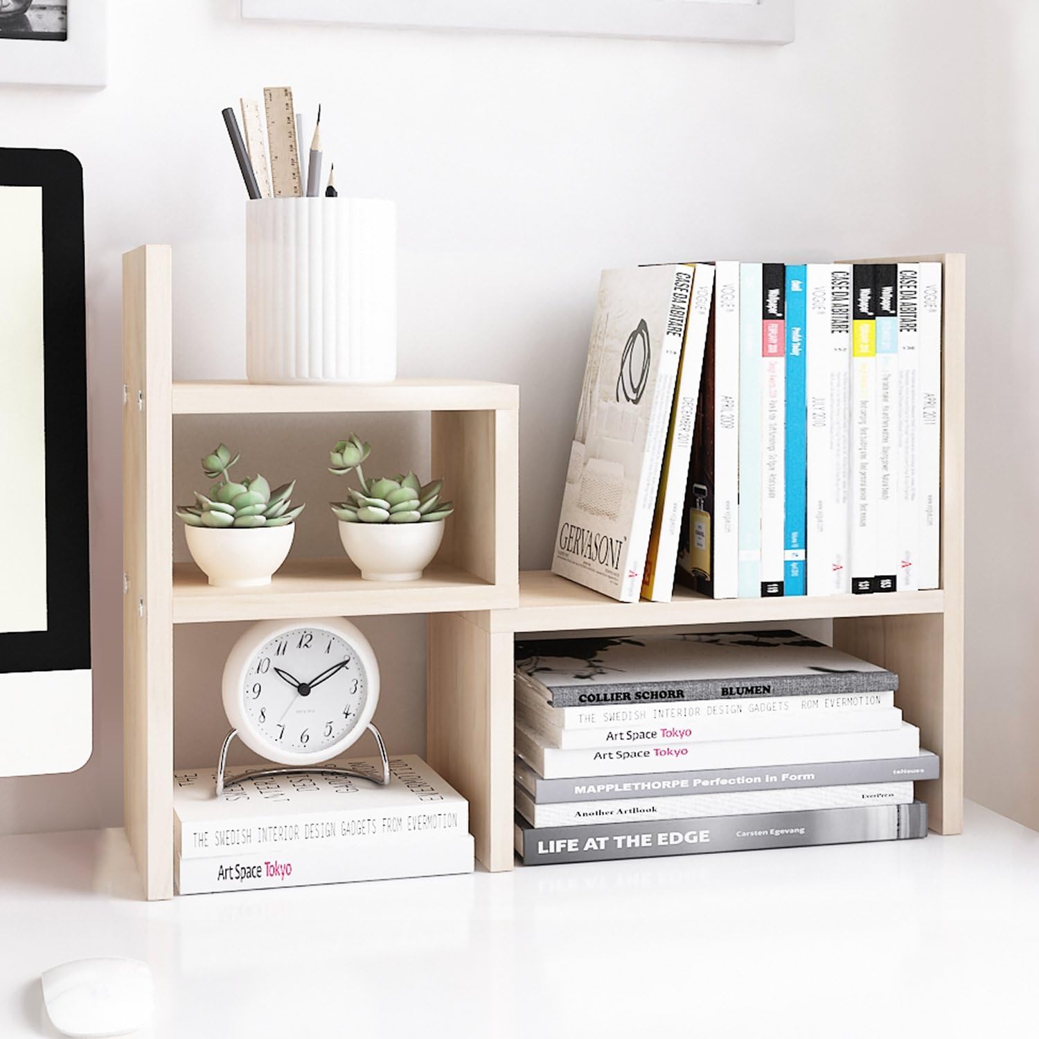 Jerry & Maggie Desktop Organizer Office Storage Rack Adjustable Wood Display Shelf, White, 5 Units, 16L x 15.8H x 6.8W