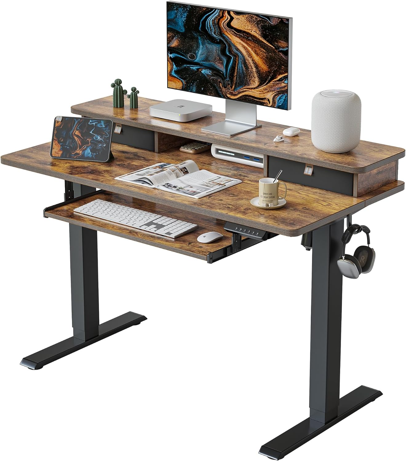 FEZIBO Standing Desk with Drawers, Adjustable Height Desk with Keyboard Tray, Stand Up Desk with Storage Shelf, 48 x 24 Inchs, Rustic Top