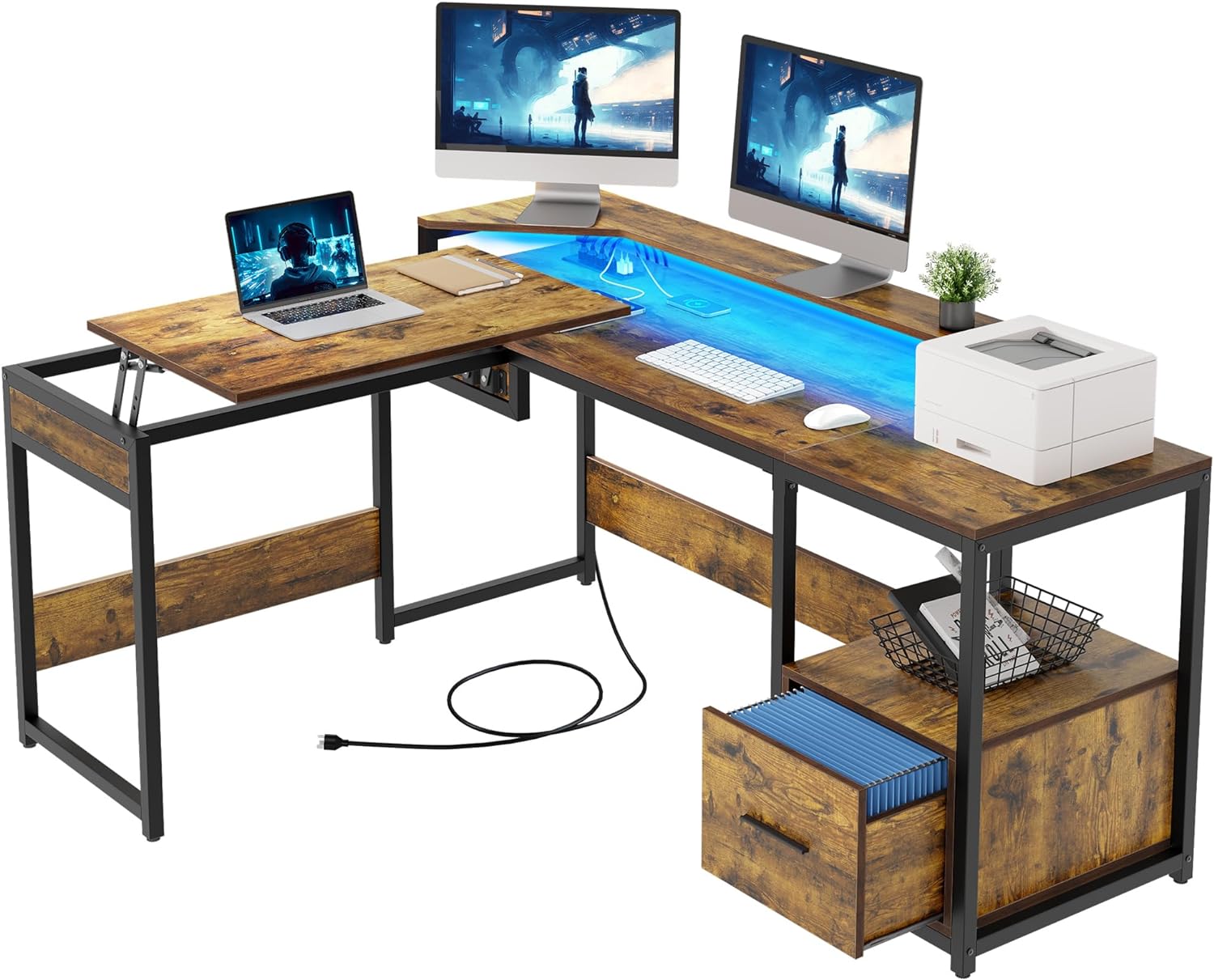 YITAHOME L Shaped Desk with Power Outlets & LED Lights, 65 Corner Computer Desk with File Drawer & Lift Top, Home Office Desk Height Adjustable Desk with Monitor Stand, Rustic Brown