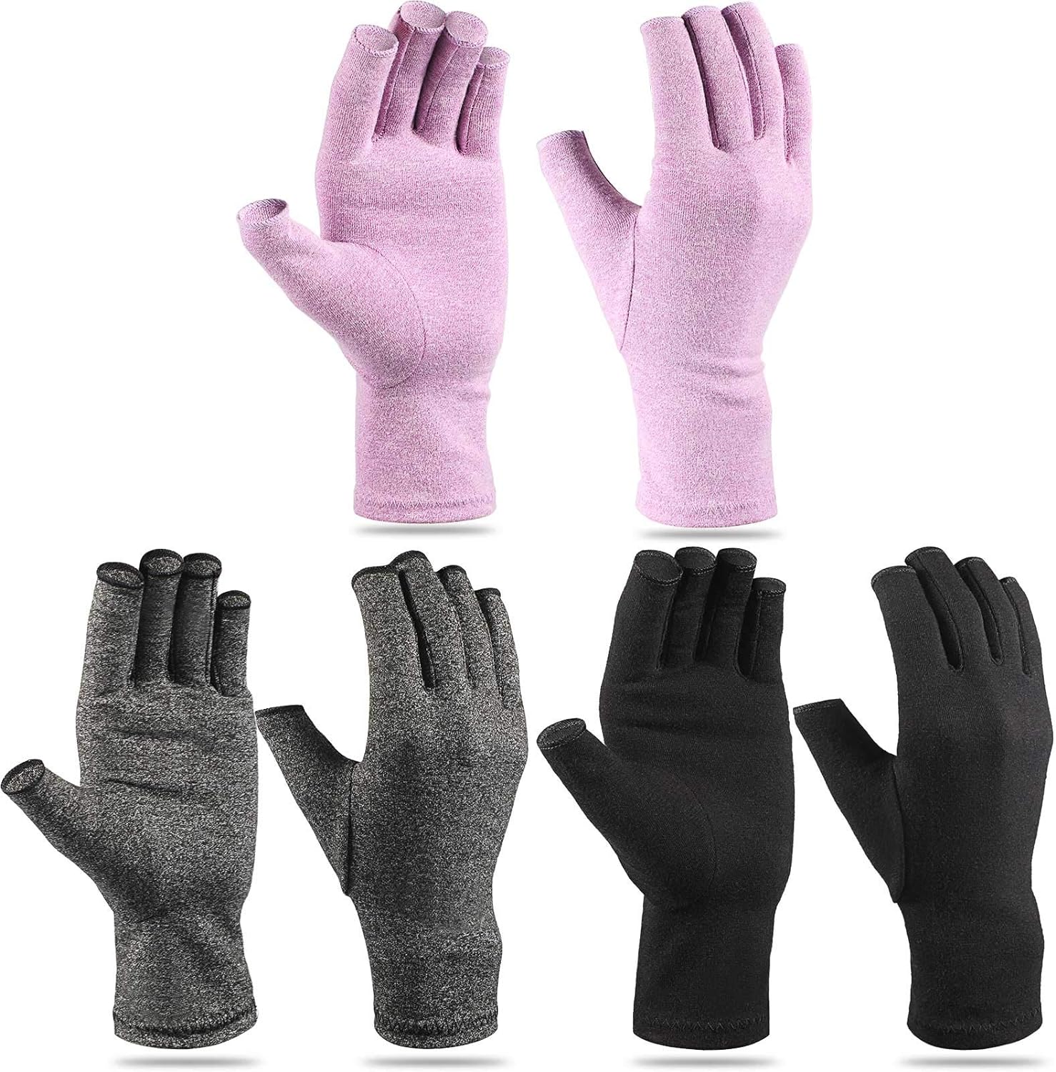 3 Pairs Compression Craft Arthritis Hands Gloves Fingerless Pressure Joint Relief for Quilting Sewing Typing Household Duties (Black, Gray, Purple,M)