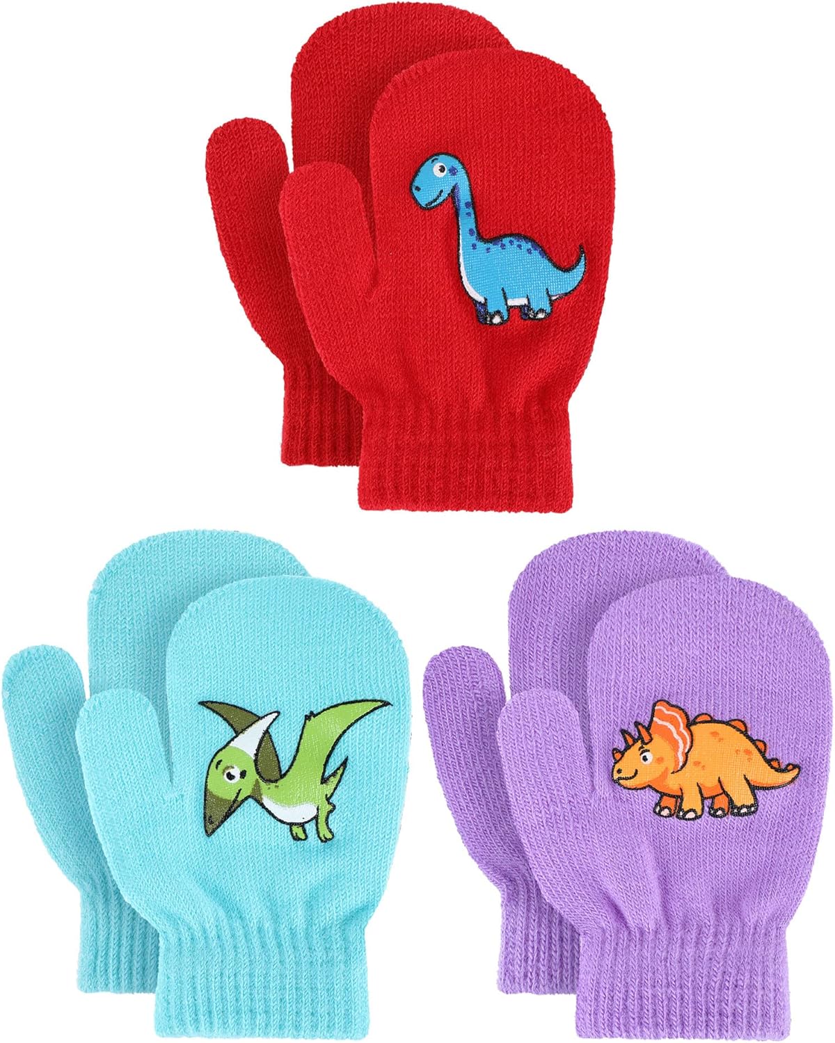 Geyoga 3 Pairs Kids Winter Mittens Winter Stretchy Knit Gloves Dinosaur Warm Mittens Full Finger Kids Gloves for Boys Girls