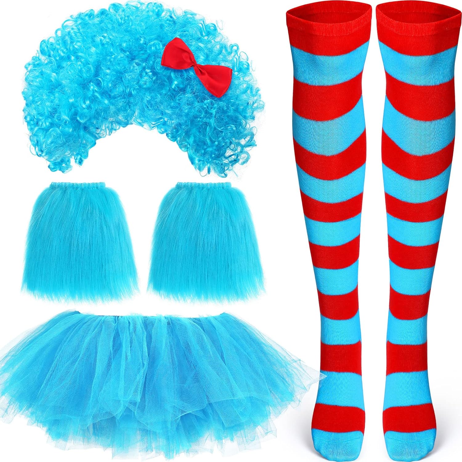 Geyoga Tulle Tutu Costume Accessories Set Tulle Tutus Skirts Blue Wig Ponytails Long Knee Thigh High Striped Socks Arm Warmers Adult Costume Blue Tutu for 100th Day of School Costume Party