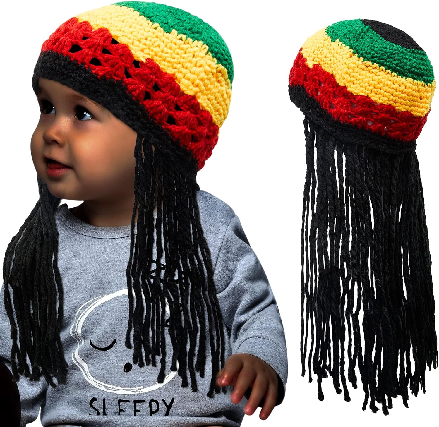 Geyoga Rasta Hat with Long Black Hair Funny Rasta Wig Rasta Beanie Jamaican Dreadlocks Wig Hat Kid' Costume Headwear Accessories