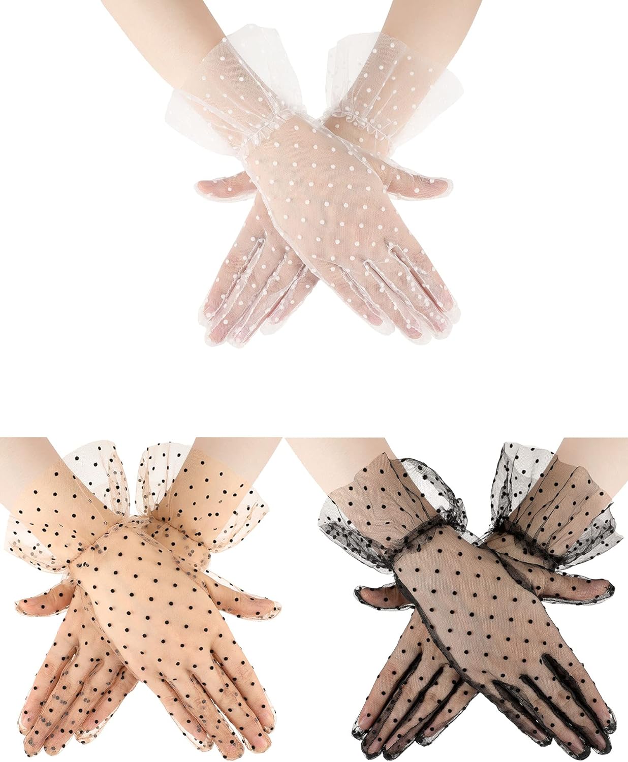 3 Pairs 1920s Costume Accessories for Women Halloween Tea Party Lace Gloves Polka Dot Mesh Elegant Vintage Wedding Glove