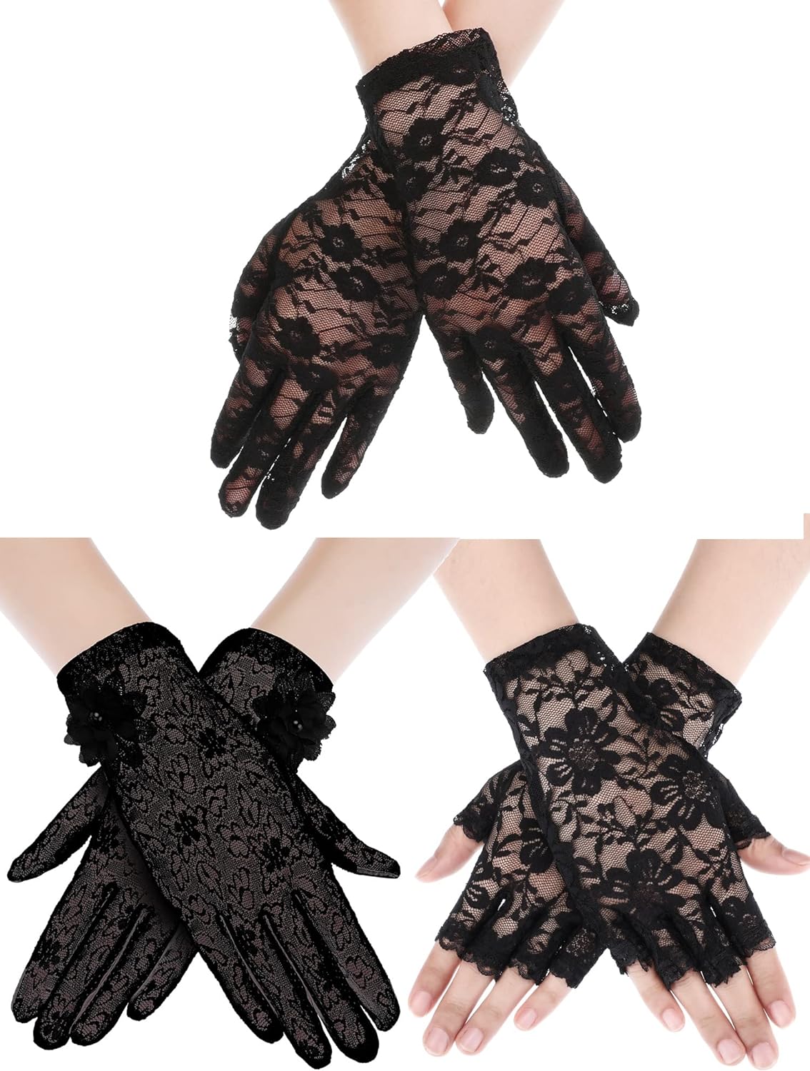 Ladies Lace Gloves Tea Party Gloves Women Elegant Short Gloves Wrist Length Floral Gloves for Dinner Wedding Bridal Tea Party