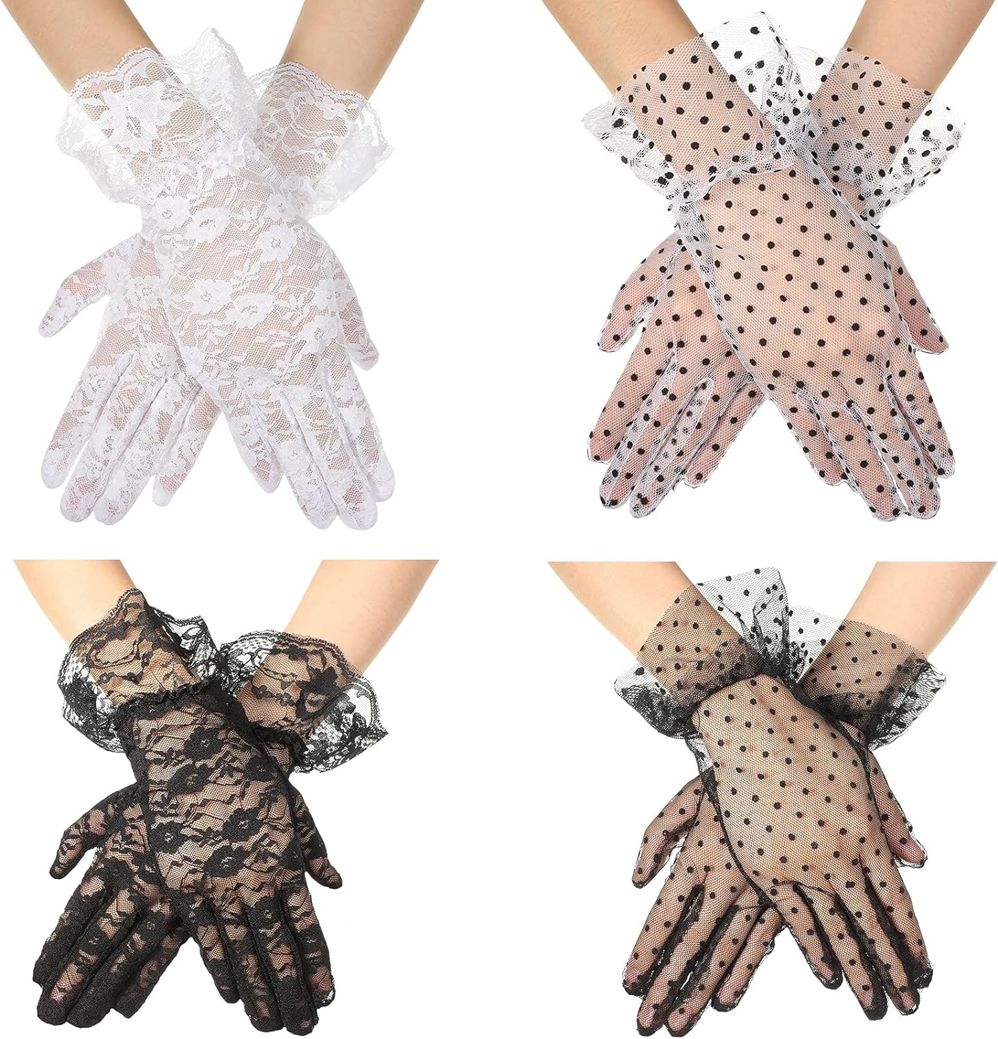 4 Pairs Ladies Lace Gloves Women Elegant Short Gloves Summer Floral Courtesy Gloves Wedding Polka Dot Gloves Costume Gloves for Dinner Tea 1950s PartyDressy Favors, Wrist Length Black, White