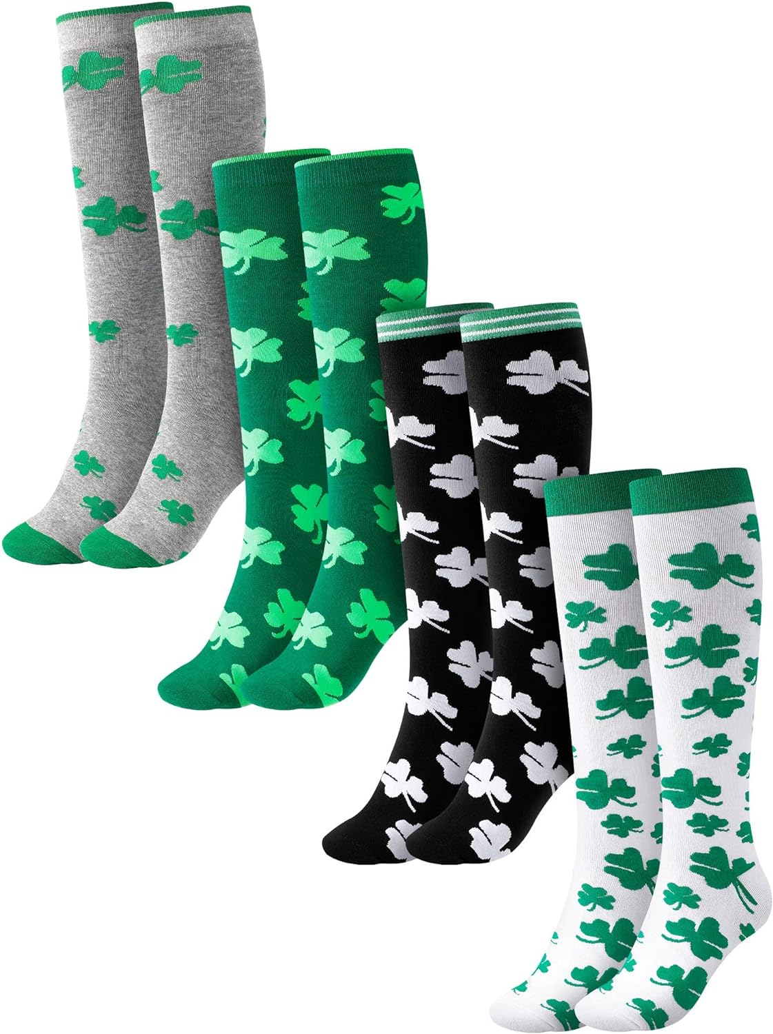 Geyoga 4 Pairs St. Patrick' Day Knee Stockings Shamrock Clover Stockings Long Irish Costume Socks for St. Patrick' Day Mardi Gras Halloween Cosplay Party Daily Wear