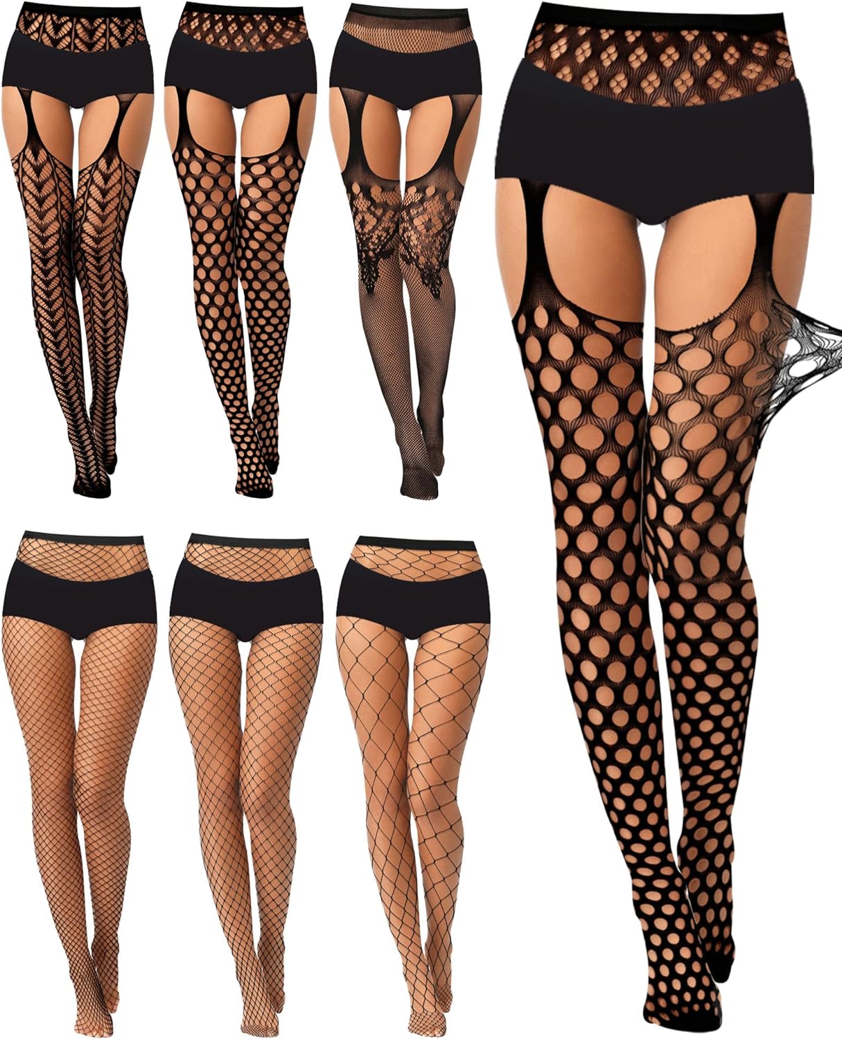 Geyoga 6 Pairs Valentine Women Fishnet Stockings Thigh High Stockings Garter Stockings Suspender Pantyhose Stocking Lingerie