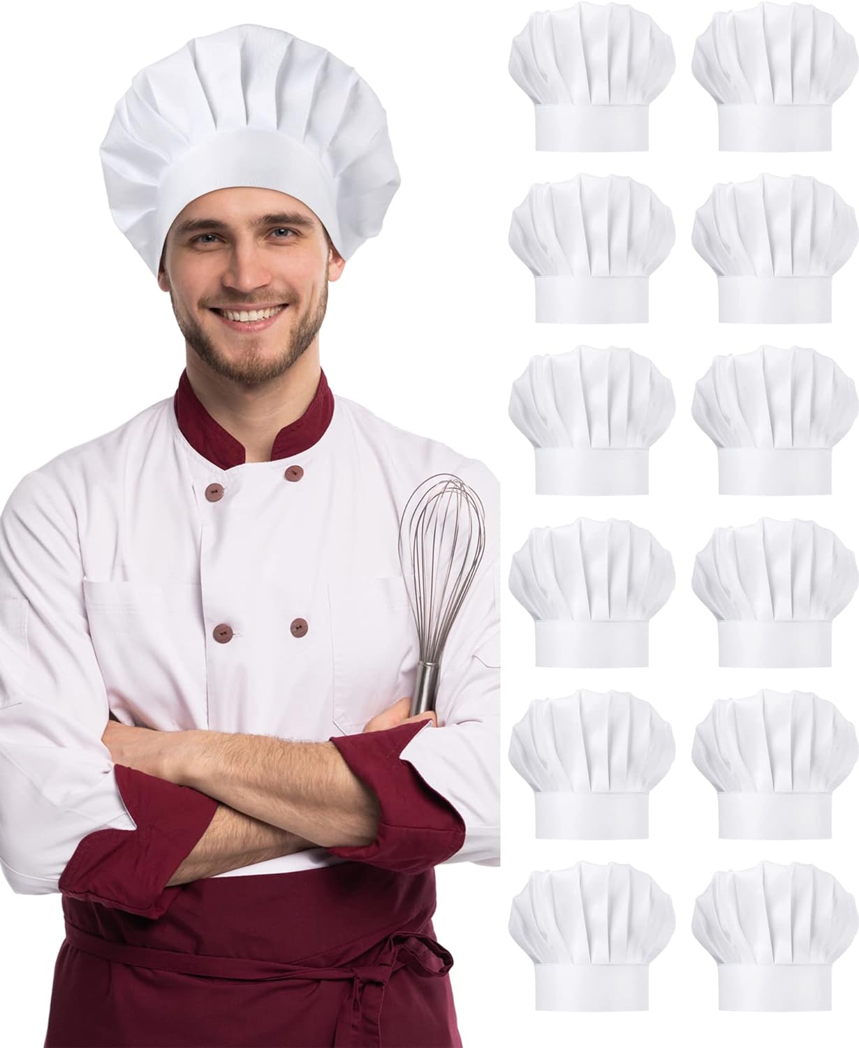 12 Pcs Chef Hat Adult Adjustable Elastic Tall Chef Hat Baker Hat for Cooking Kitchen Chef Cap Costume for Men Women White