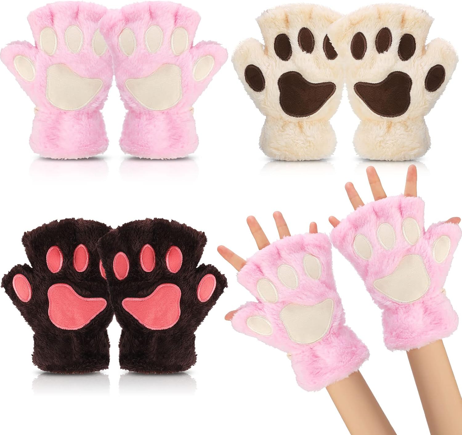 Cat Paw Gloves 3 Pairs Kawaii Gloves Cat Paws Cosplay Faux Fur Plush Cat Gloves Lion Paws Fingerless Gloves for Girls Women