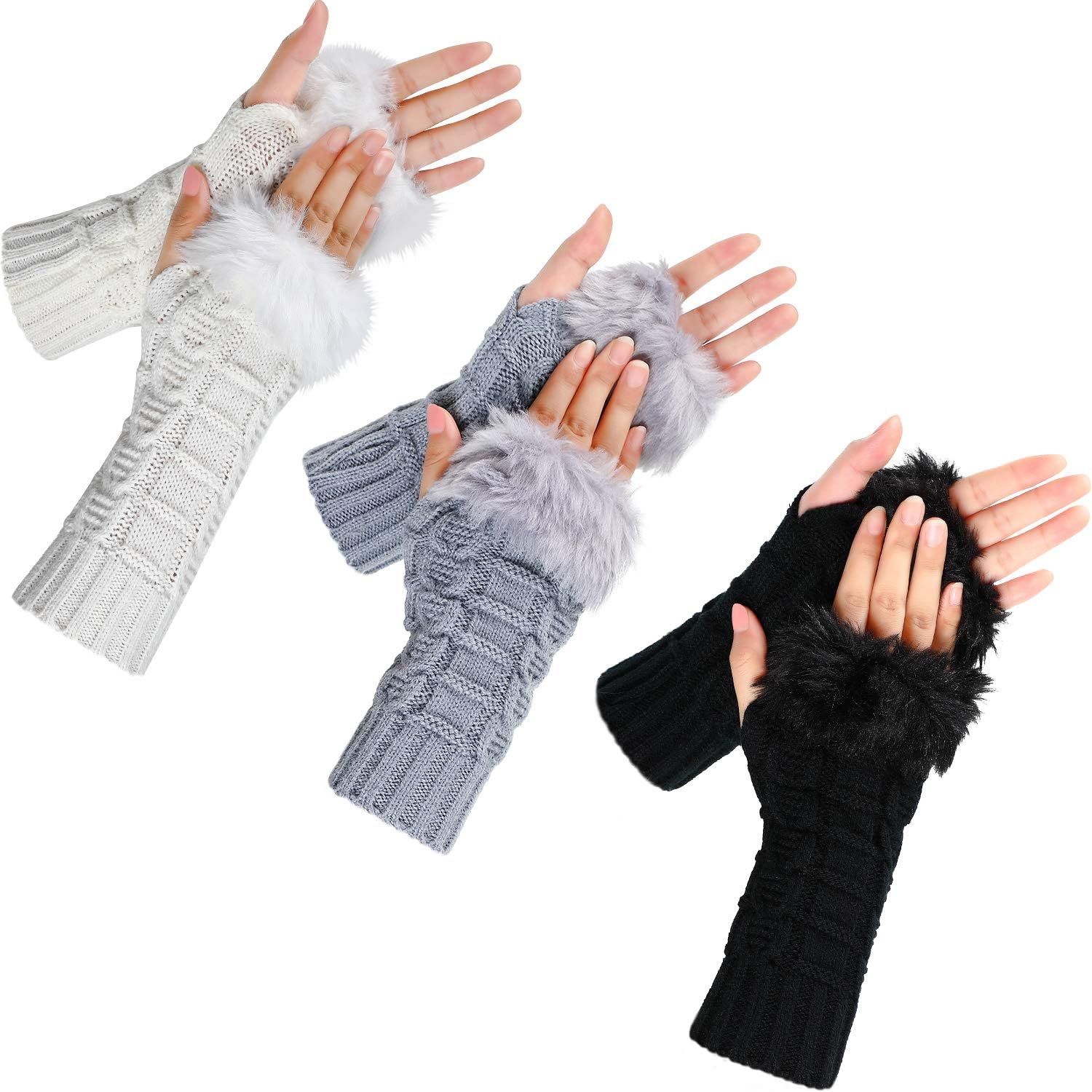 3 Pairs Fingerless Winter Gloves Faux Fur Crochet Warm Middle Length Thumb Hole Fingerless Gloves Arm Warmers