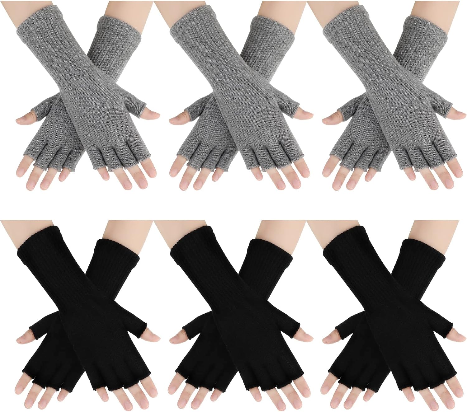 6 Pairs Unisex Half Finger Gloves Warm Stretchy Knit Fingerless Gloves 8.6 Inches Soft Gloves for Women Men