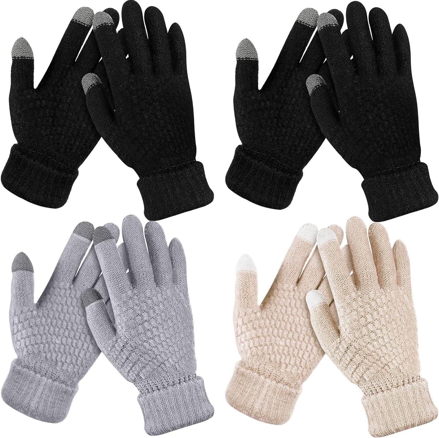 4 Pairs Women' Winter Touch Screen Gloves Warm Fleece Lined Knit Gloves Elastic Cuff Winter Texting Gloves