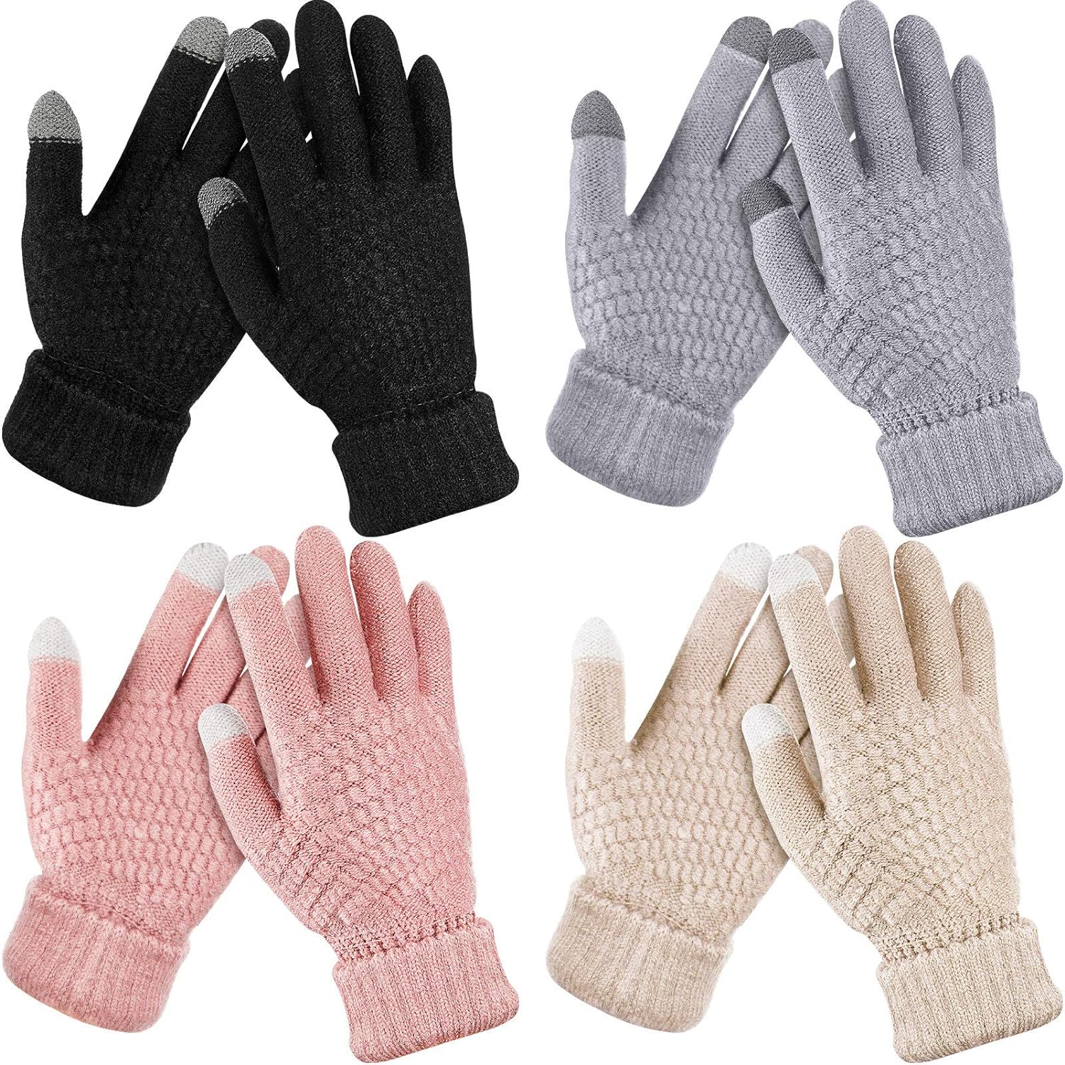 4 Pairs Women' Winter Touch Screen Gloves Warm Fleece Lined Knit Gloves Elastic Cuff Winter Texting Gloves