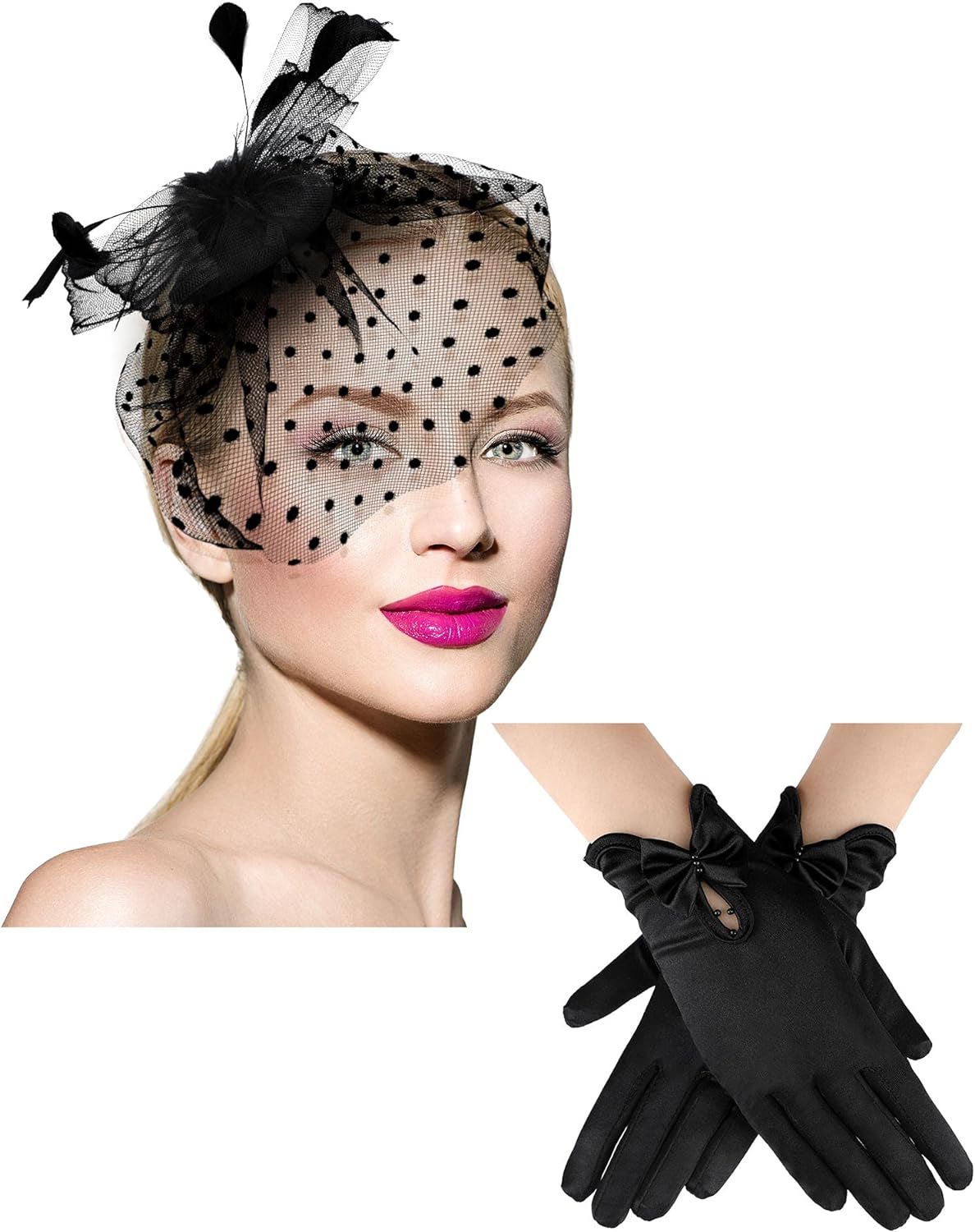 Geyoga 50s Fascinator Hat for Women Funeral Veil Hat Pillbox Cocktail Tea Party Headpiece and Lace Glove