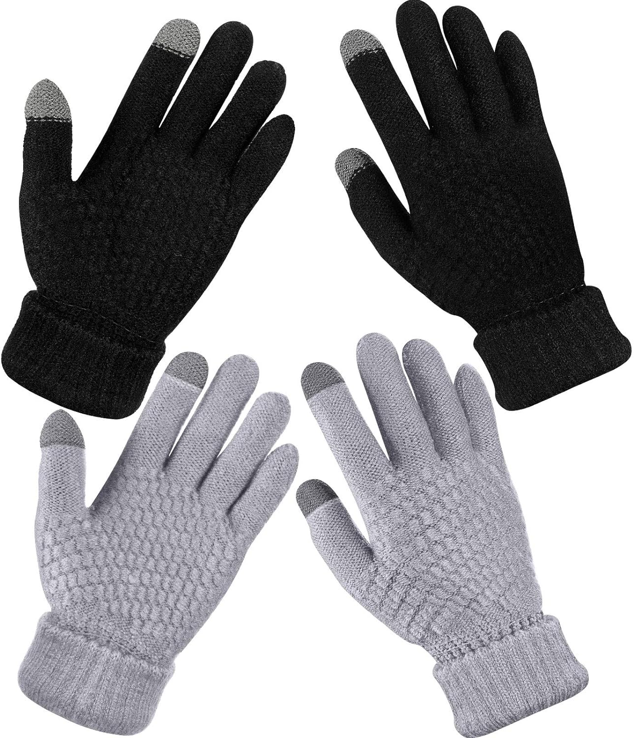 2 Pairs Women' Winter Touchscreen Gloves Warm Fleece Lined Knit Gloves Elastic Cuff Winter Texting Gloves