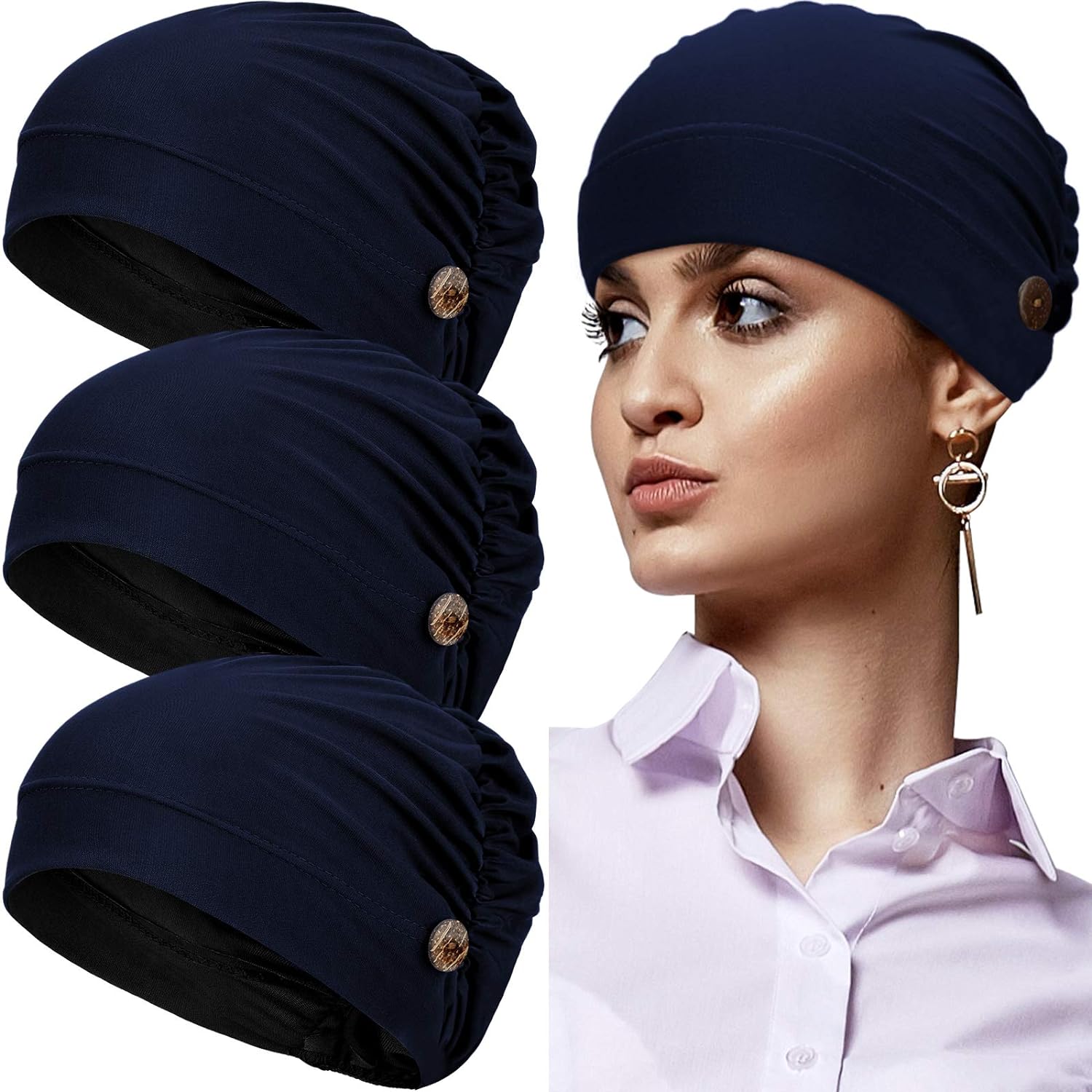 Geyoga 3 Pieces Bouffant Caps with Buttons Unisex Stretchy Headband Turban with Buttons for Women (Navy Blue)