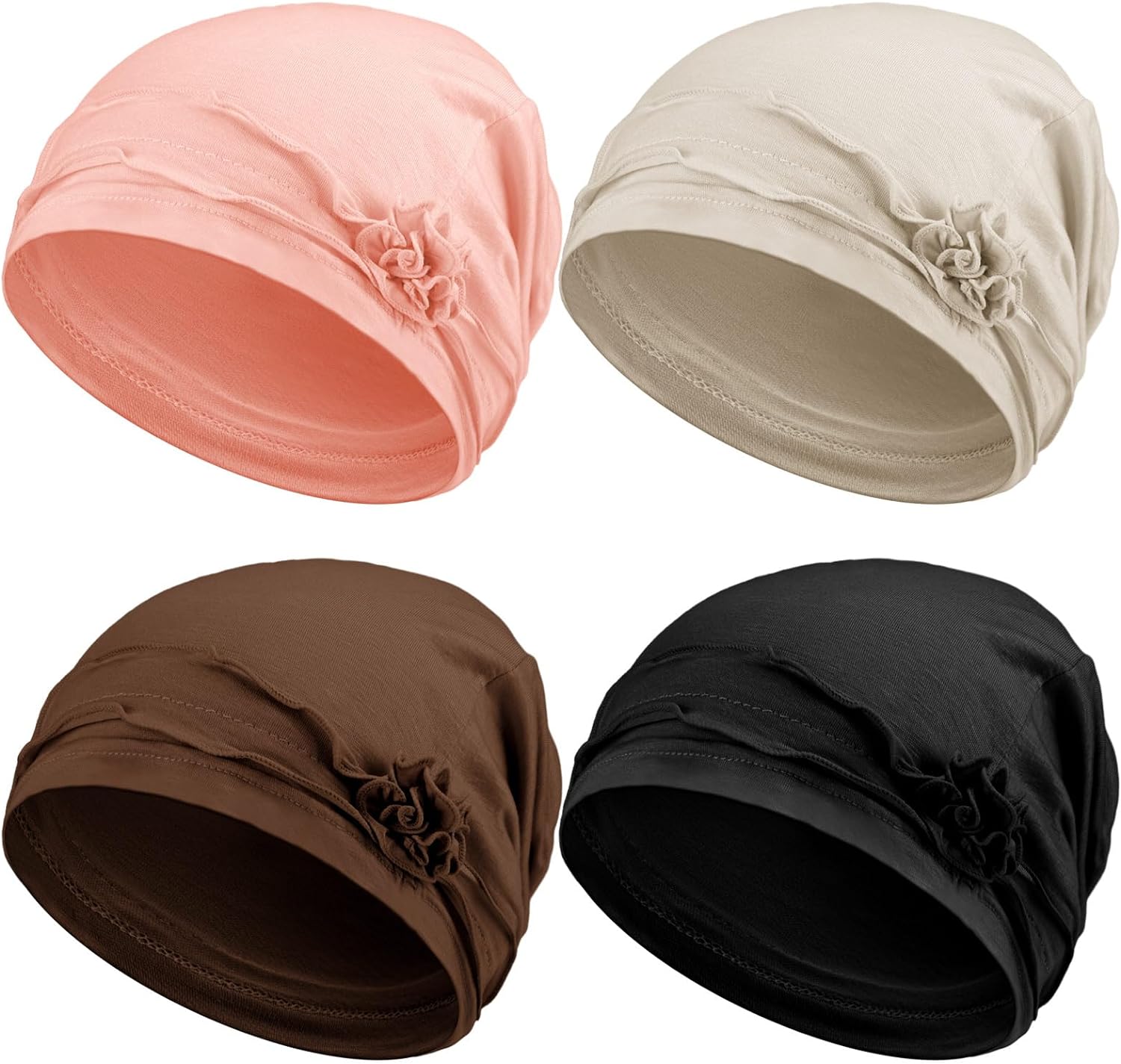 4 Pieces Women Turban Flower Caps Cotton Chemo Headwear Cap Sleep Cap Elastic Headwrap Hat Winter Warm Soft Vintage Beanie