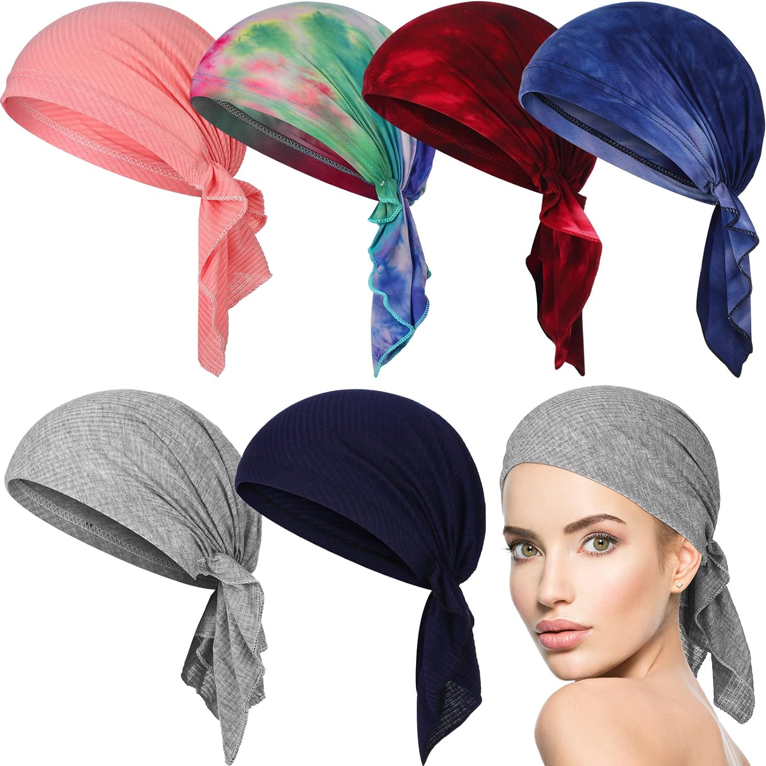 Geyoga 6 Pcs Women Head Scarf Pre-Tied Head Scarves Beanies Covers Cap Stretch Print Sleep Turban Hat Ruffle Beanie Scarf