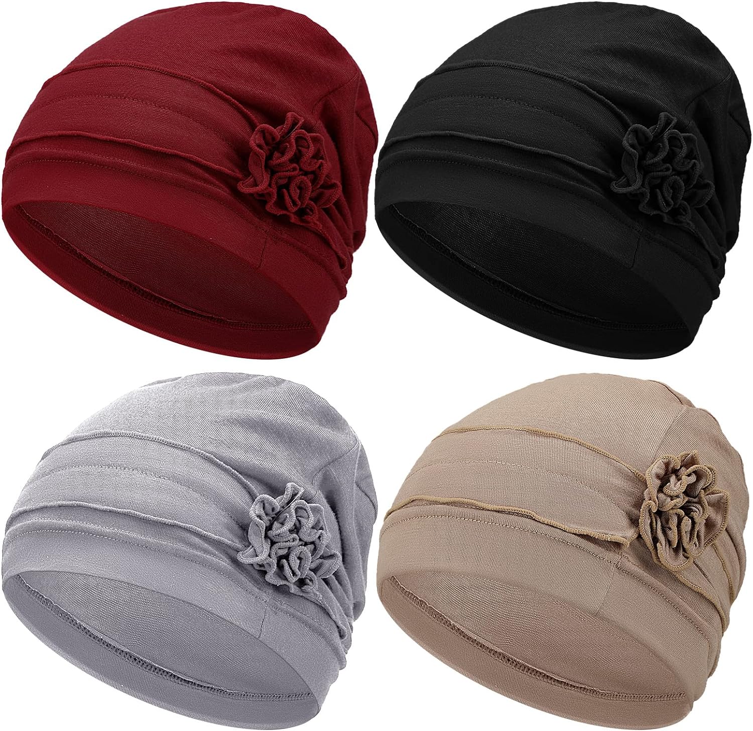 4 Pieces Women Turban Flower Caps Cotton Chemo Headwear Cap Sleep Cap Elastic Headwrap Hat Winter Warm Soft Vintage Beanie