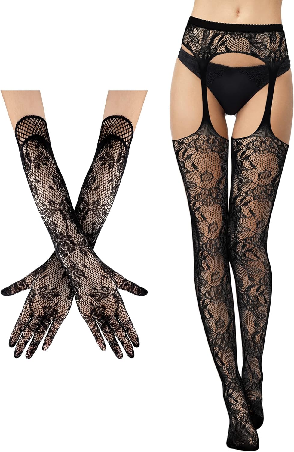 2 Pieces Suspender Pantyhose Long Floral Lace Gloves Stocking Fishnet Tights Garter Belt Stockings for Women, Black