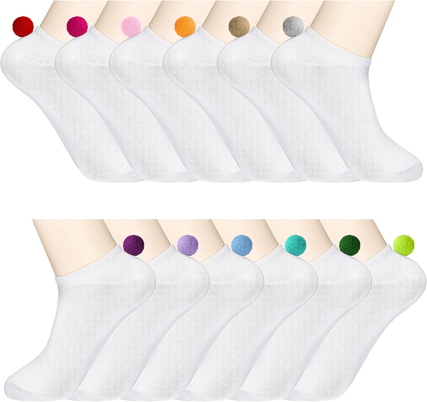 Geyoga 12 Pairs Ankle Socks with Pom Pom Balls Lowcut Pom Pom Performance Socks Seamless Soft Low Cut Socks Athletic Socks