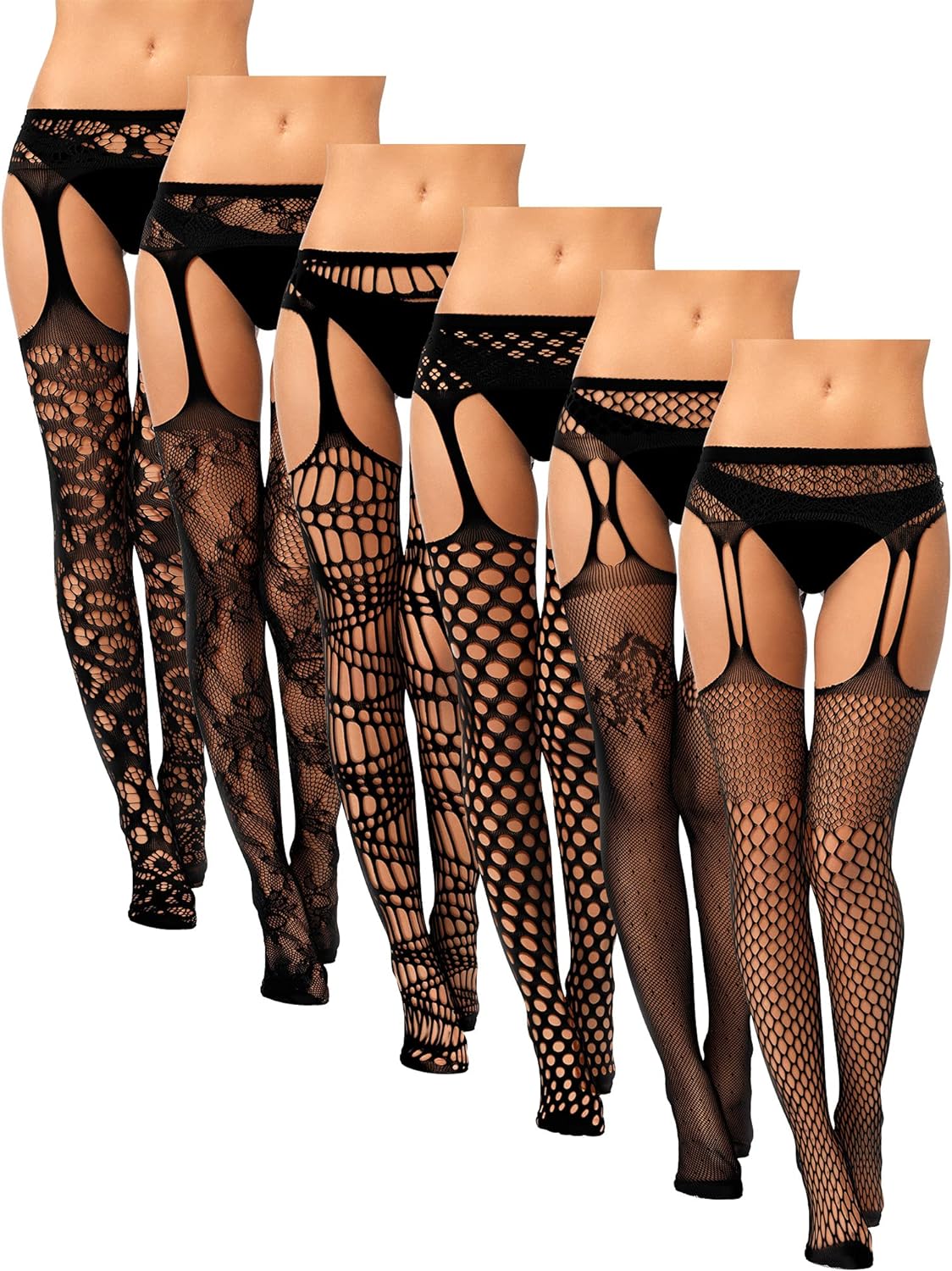 6 Pairs Women Fishnet Thigh High Stockings Suspender Pantyhose Lingerie Garter Belts Tights for Women Girls