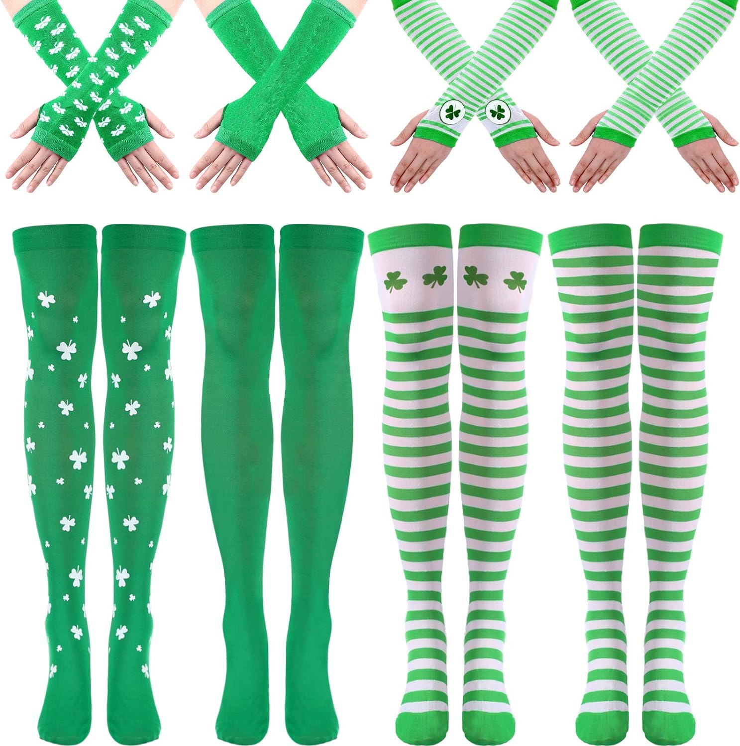 8 Pairs St. Patrick' Day Socks Irish Arm Warmers Set Green White Shamrock Striped Knitted Knee Thigh High Socks Fingerless Gloves for St. Patrick' Day Decoration Party Supplies