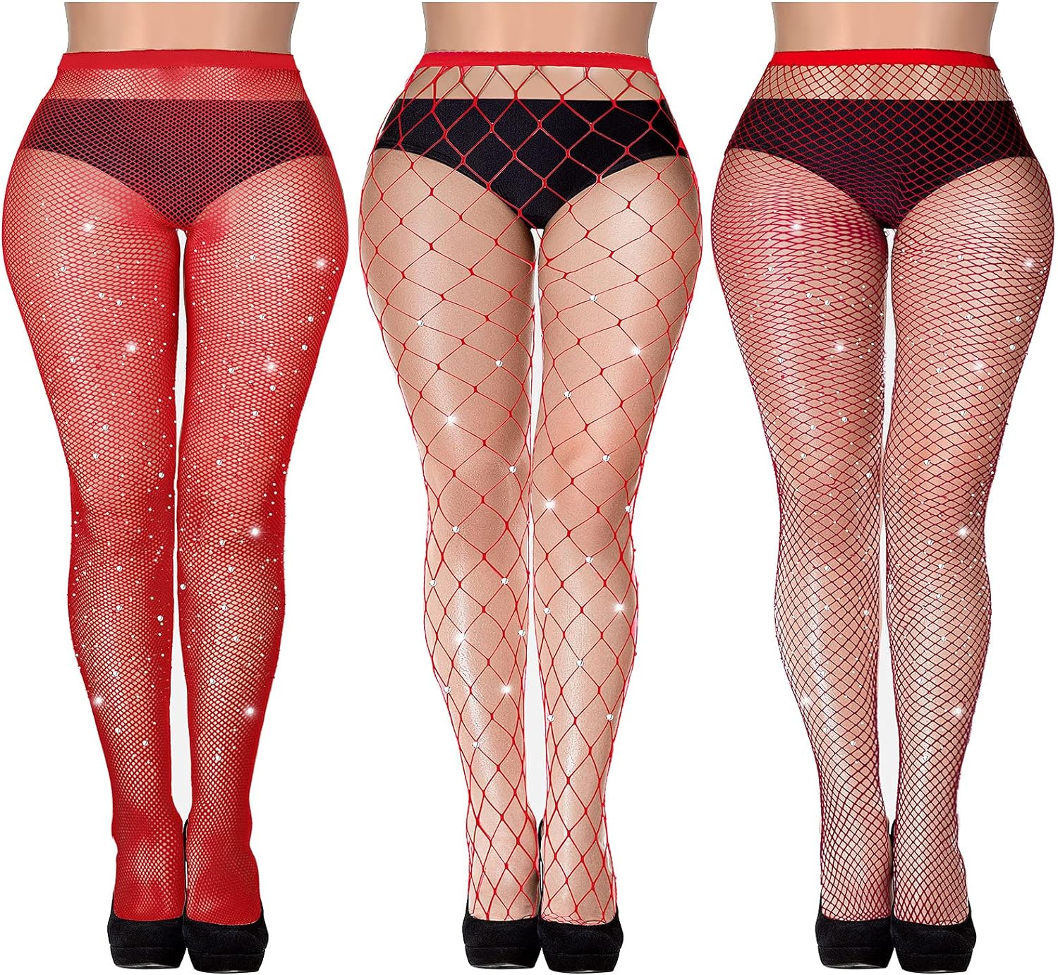 Geyoga 3 Pairs Glitter Rhinestone Fishnets Stockings Sparkly Tights Shimmer Pantyhose One Size High Waist Mesh Fishnet Tights