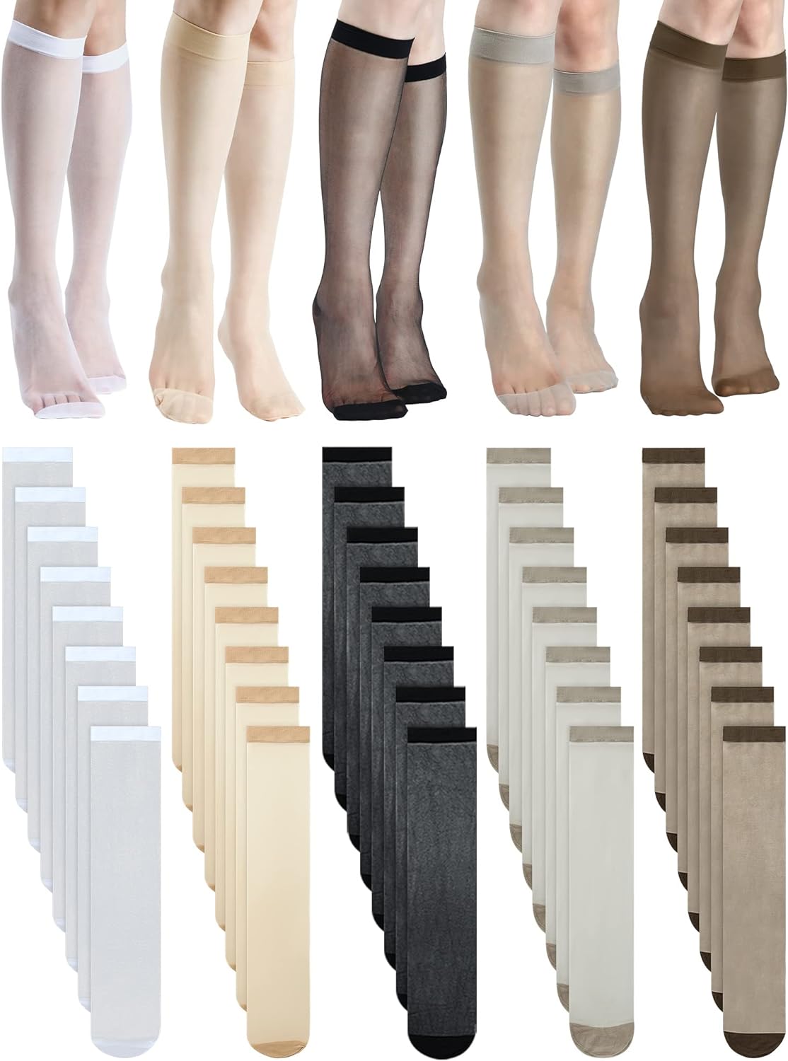 Geyoga Knee High Stockings for Women White Knee High Stockings 20 Pair Nylon Stockings for Women, 5 Colors